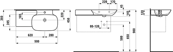 Waschtisch INO 450x900x145 1 Hahnloch mit Überlauf Ablage links weiß