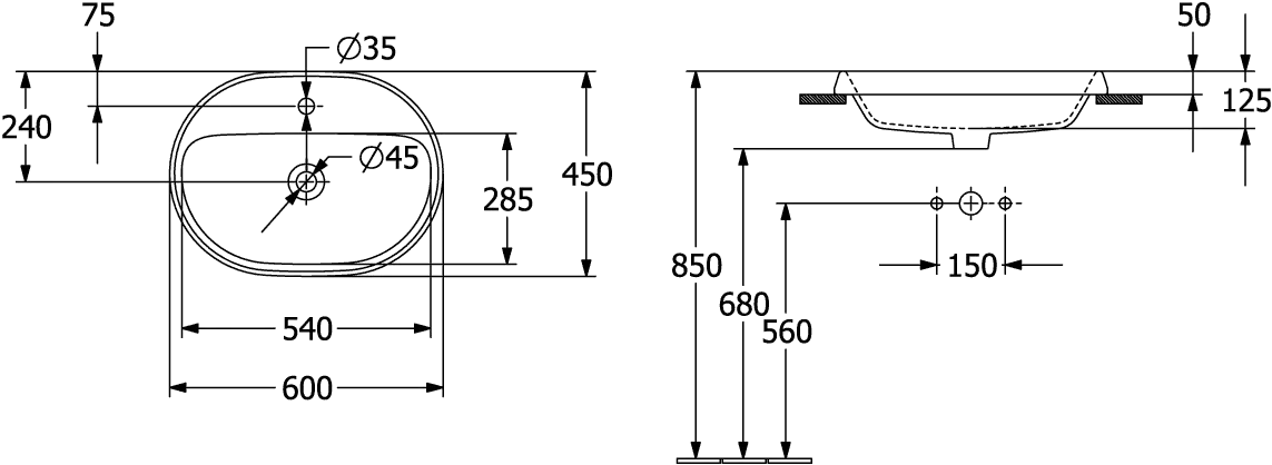 Villeroy & Boch Einbauwaschtisch „Architectura“ mit 1×1 Hahnlochbohrung, 600 × 450 × 170 mm, mit Hahnlochbohrung, Hahnlochposition mittig in Weiß Alpin Villeroy & Boch Einbauwaschtisch „Architectura“ mit 1×1 Hahnlochbohrung, 600 × 450 × 170 mm, mit Hahnlochbohrung, Hahnlochposition mittig in Weiß Alpin