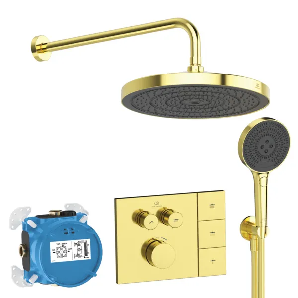 Armaturen-Paket, Brausethermostat Unterputz Bausatz 2 für Fertigmontage, Unterputz-Bausatz 1 Easy-Box, Regenbrause, Wandanschluss, Handbrause, Wandanschlussbogen Unterputz, Brauseschlauch Brushed Gold