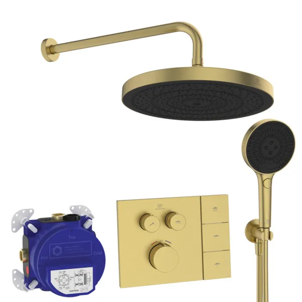 Ideal Standard Ceratherm Navigo Solos Armaturen-Paket, Brausethermostat Unterputz Bausatz 2, Regenbrause, Wandanschluss, Handbrause, Wandanschlussbogen Unterputz, Brauseschlauch Brushed Gold Ideal Standard Ceratherm Navigo Solos Armaturen-Paket, Brausethermostat Unterputz Bausatz 2, Regenbrause, Wandanschluss, Handbrause, Wandanschlussbogen Unterputz, Brauseschlauch Brushed Gold