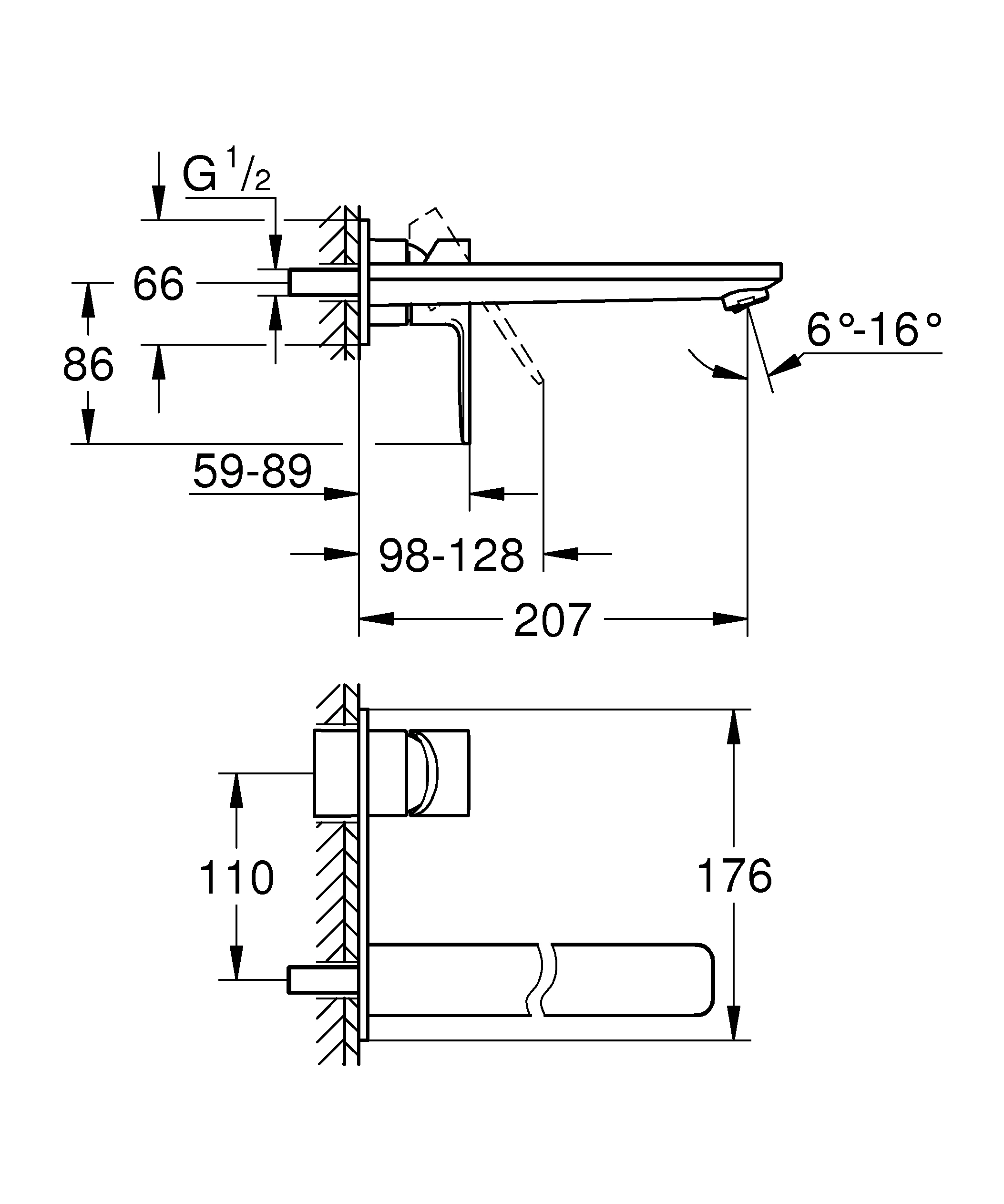 2-Loch-Waschtischbatterie Lineare 23444_1, Wandmontage, Fertigmontageset für 23571, Ausladung 207 mm, chrom