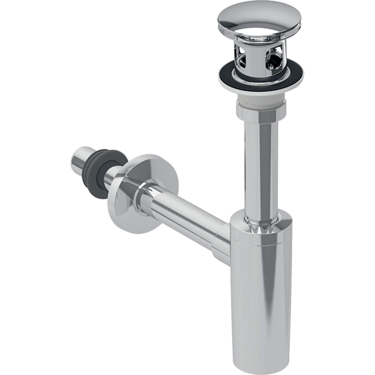 Waschbeckenablauf mit Siphon, Außenventilstopfen mit Druckbetätigung, Abgang horizontal: d=32 / 40mm, G=1 1/4″, hochglanz-verchromt Waschbeckenablauf mit Siphon, Außenventilstopfen mit Druckbetätigung, Abgang horizontal: d=32 / 40mm, G=1 1/4″, hochglanz-verchromt