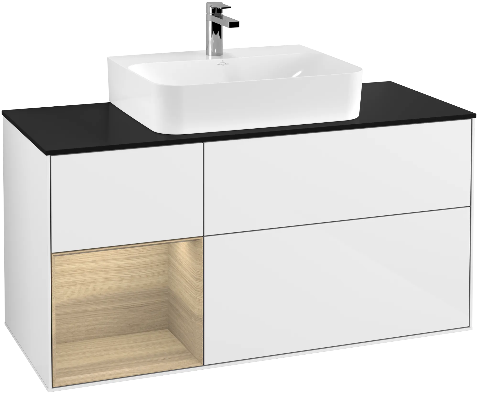 Villeroy & Boch Finion Waschbeckenunterschrank F16 1200x603x501mm Glossy White Lacquer / Oak Veneer / Glass Black Matt