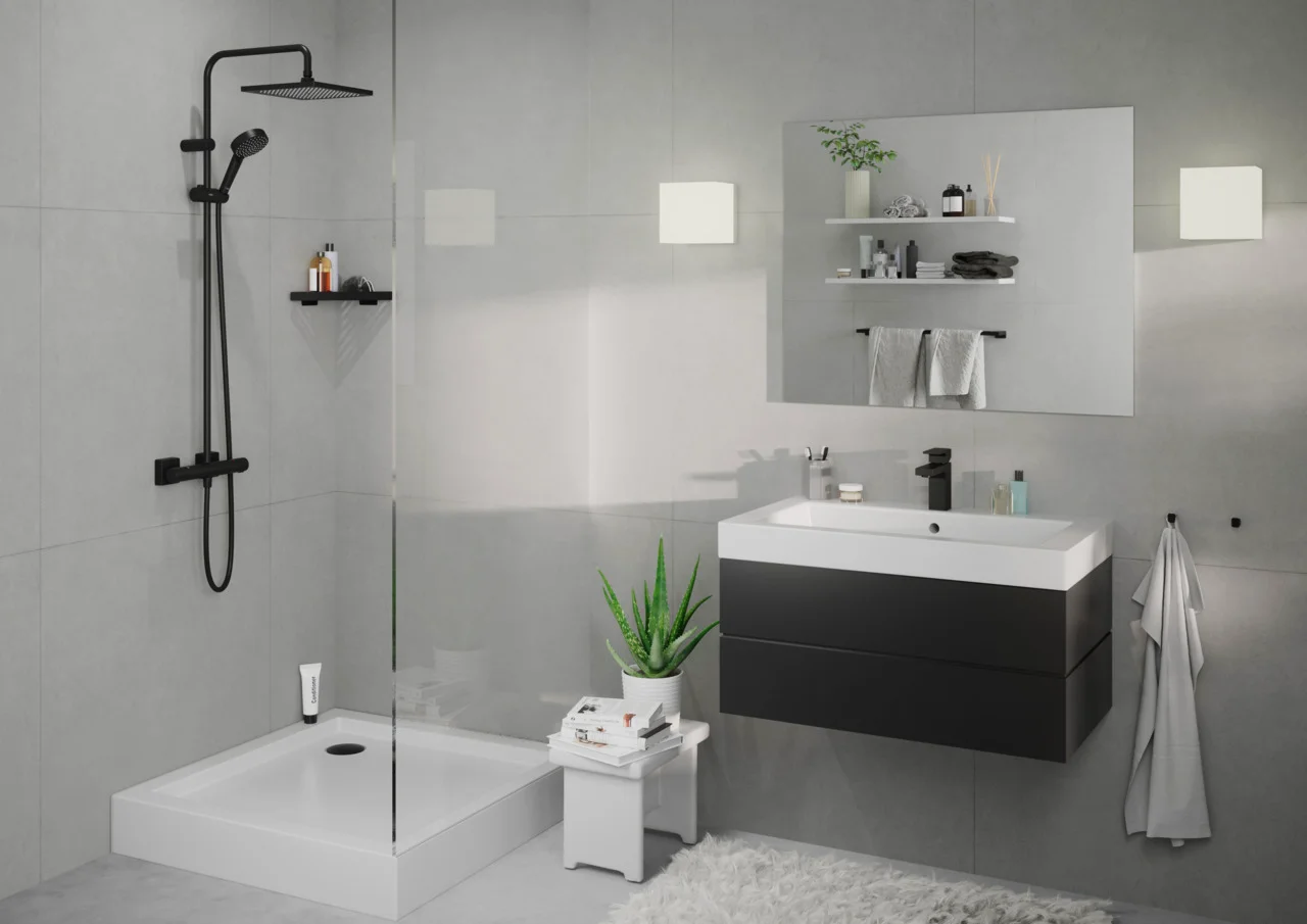 Hansgrohe Vernis Shape Showerpipe 240 1jet mit Thermostat, mattschwarz, 240 x 240 mm, Aufputzinstallation Hansgrohe Vernis Shape Showerpipe 240 1jet mit Thermostat, mattschwarz, 240 x 240 mm, Aufputzinstallation