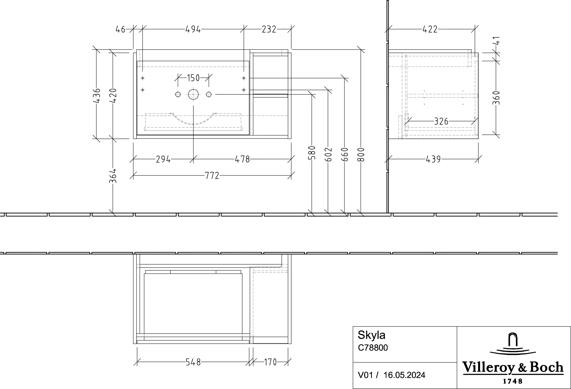 Villeroy & Boch Waschtischunterschrank „Skyla“ 772 × 436 × 439 mm Kansas Oak Villeroy & Boch Waschtischunterschrank „Skyla“ 772 × 436 × 439 mm Kansas Oak