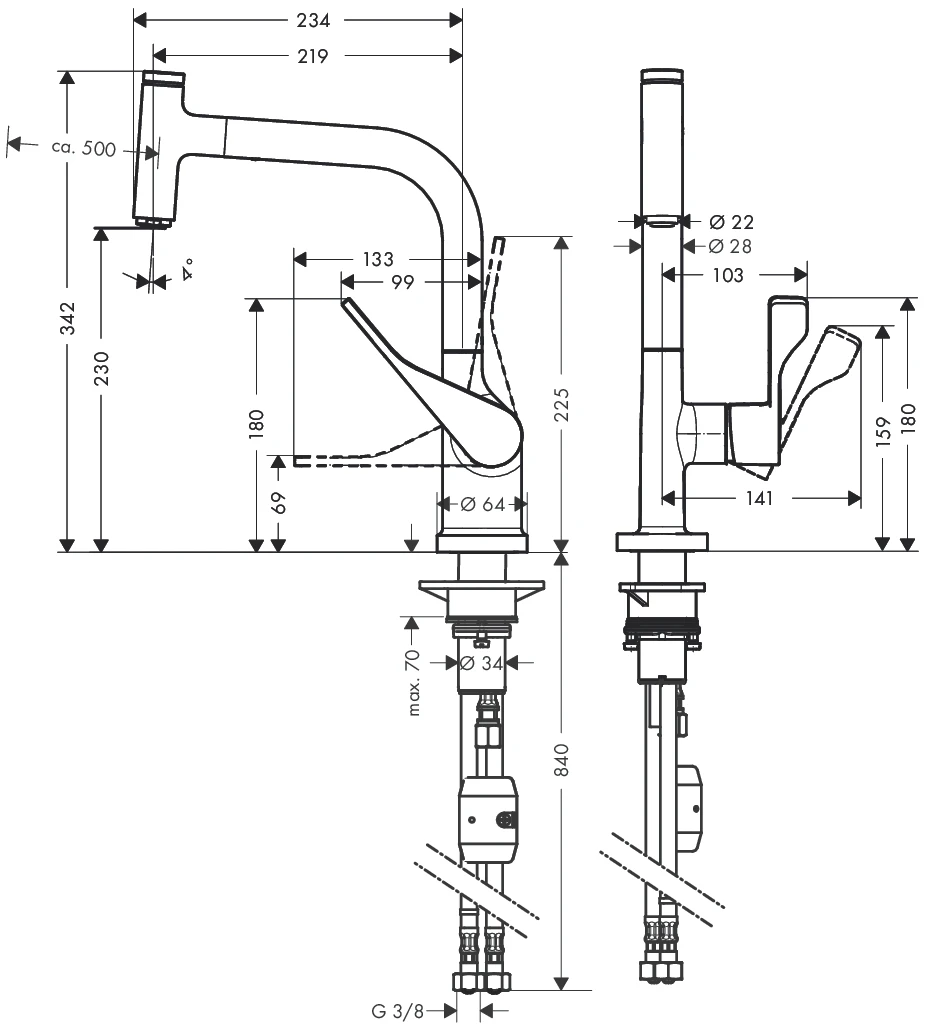 Spültischmischer Select Axor Citterio chrom mit Ausziehauslauf