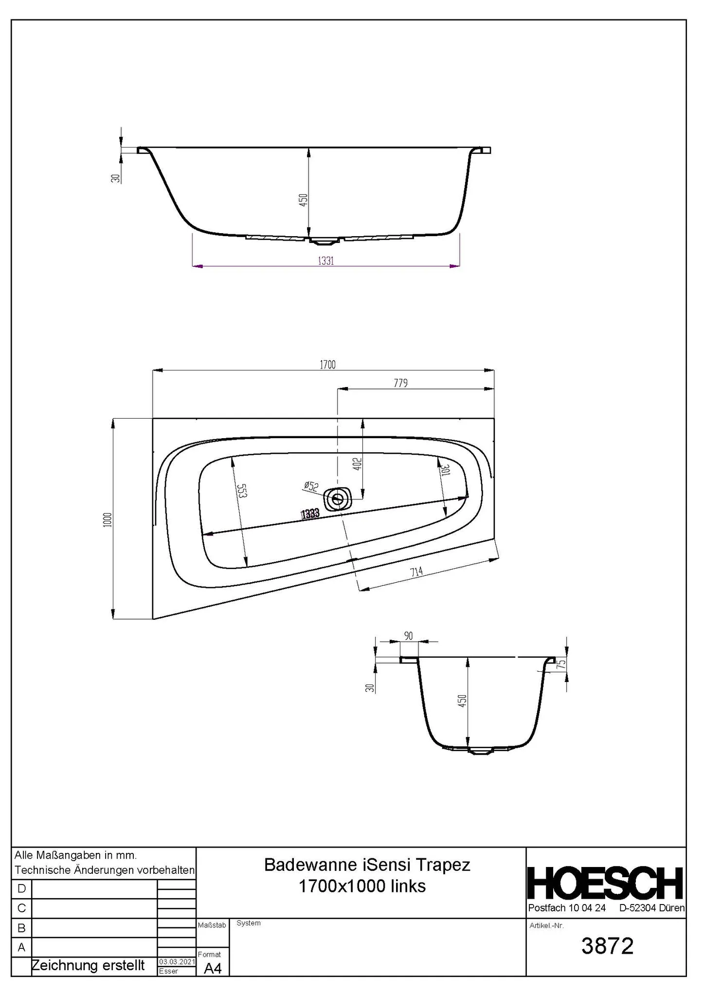 Hoesch iSensi Trapez 1700x1000 links weiß, Acryl-Badewanne Hoesch iSensi Trapez 1700x1000 links weiß, Acryl-Badewanne