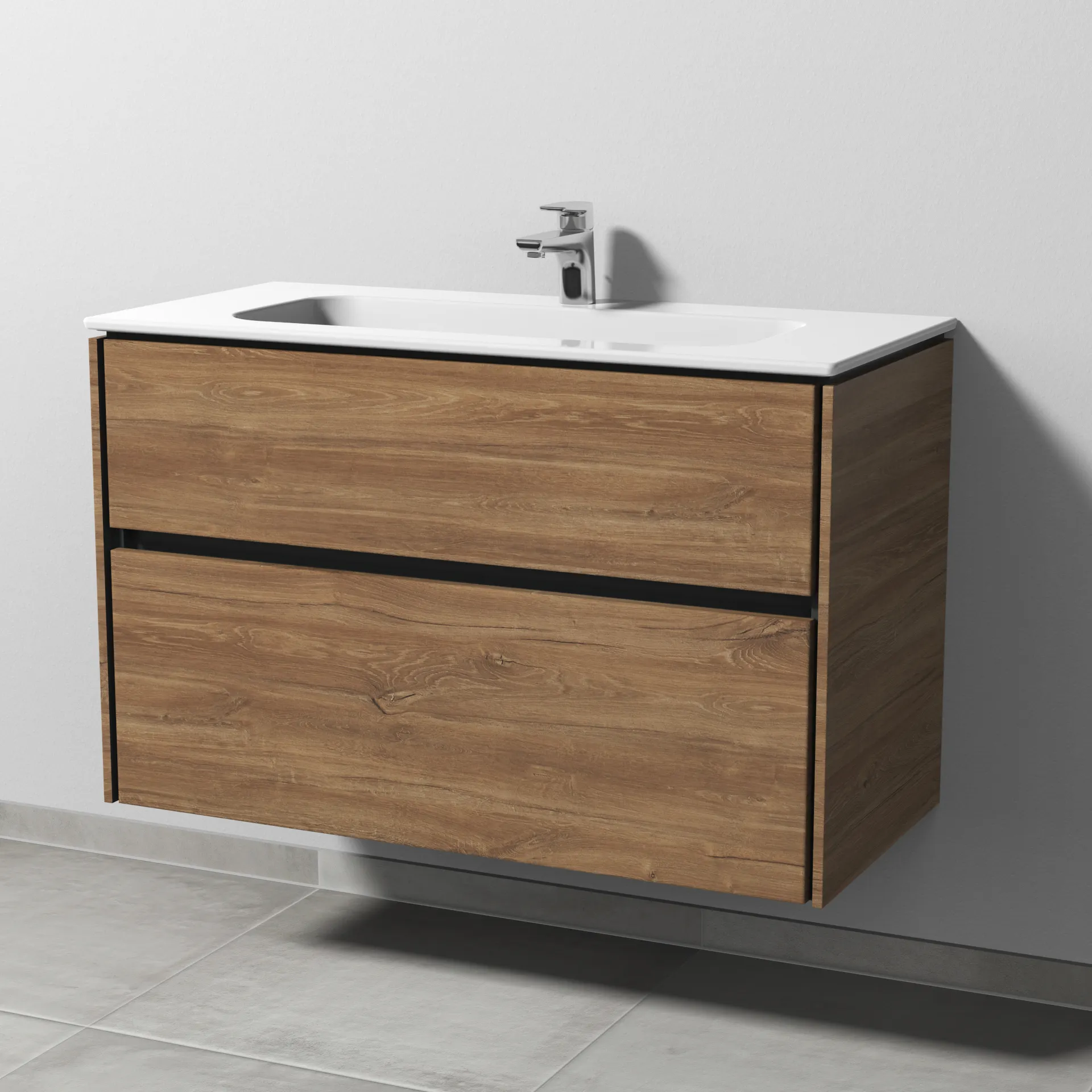 Keramik-Waschtisch-Set mit Waschtischunterschrank „Twiga“ 99 × 46 × 61 cm in Eiche Kansas, ohne Beleuchtung, mit Hahnlochbohrung