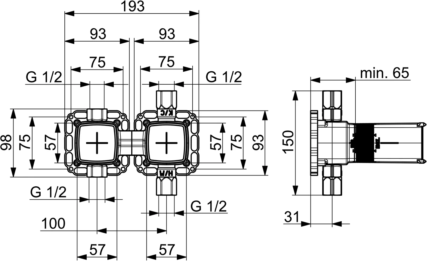 HansaMATRIX UP-Rohbauset Bade- und Brausearmatur HansaMATRIX 4.0 Kartusche 4401 DN15, Wandmontage für Unterputz-Einbaukörper