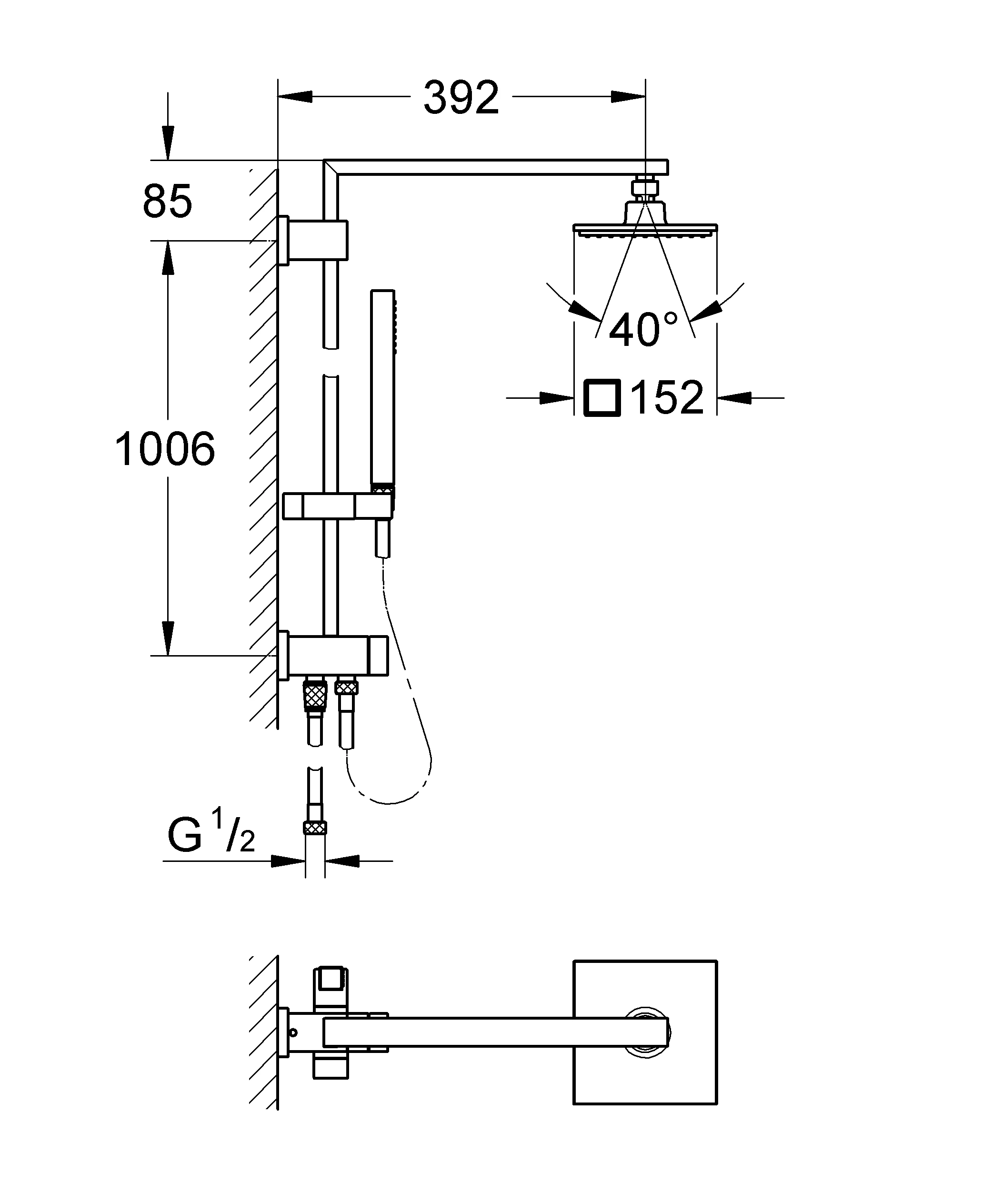 Duschsystem Euphoria Cube System 152 27696, mit Umstellung, Wandmontage, Brausearm 400 mm, chrom