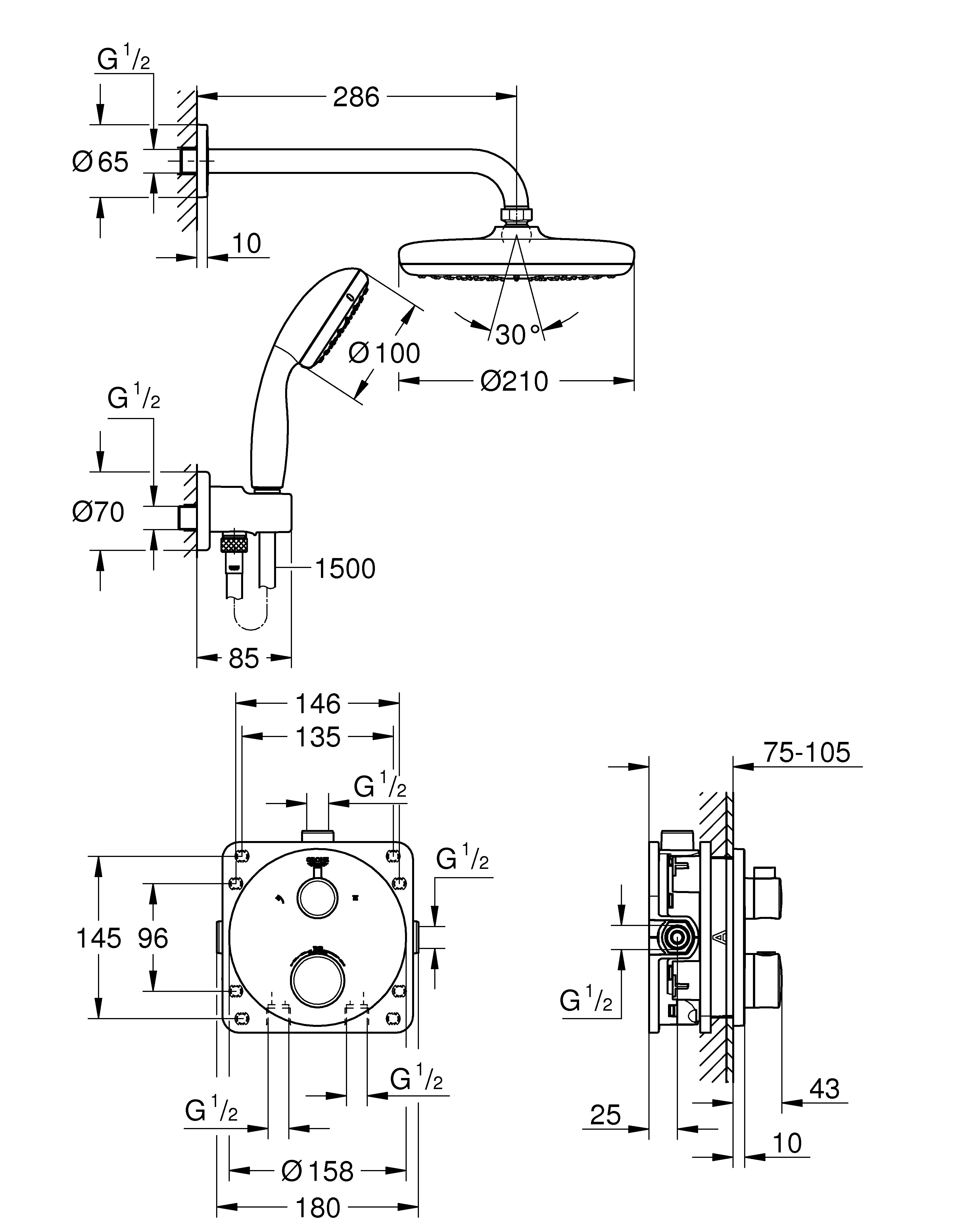 Duschsystem Unterputz Grohtherm 34727, mit Grohtherm Thermostat mit integrierter 2-Wege-Umstellung, Tempesta 210 Kopfbrause 9,5 l/min, runde Rosette, chrom