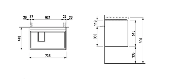 Waschtischunterbau LANI 442x750x515 mit 2 Schubladen integrierter Griffleiste Vollauszug und Soft-Close für Waschtisch LUA H817086 weiß matt