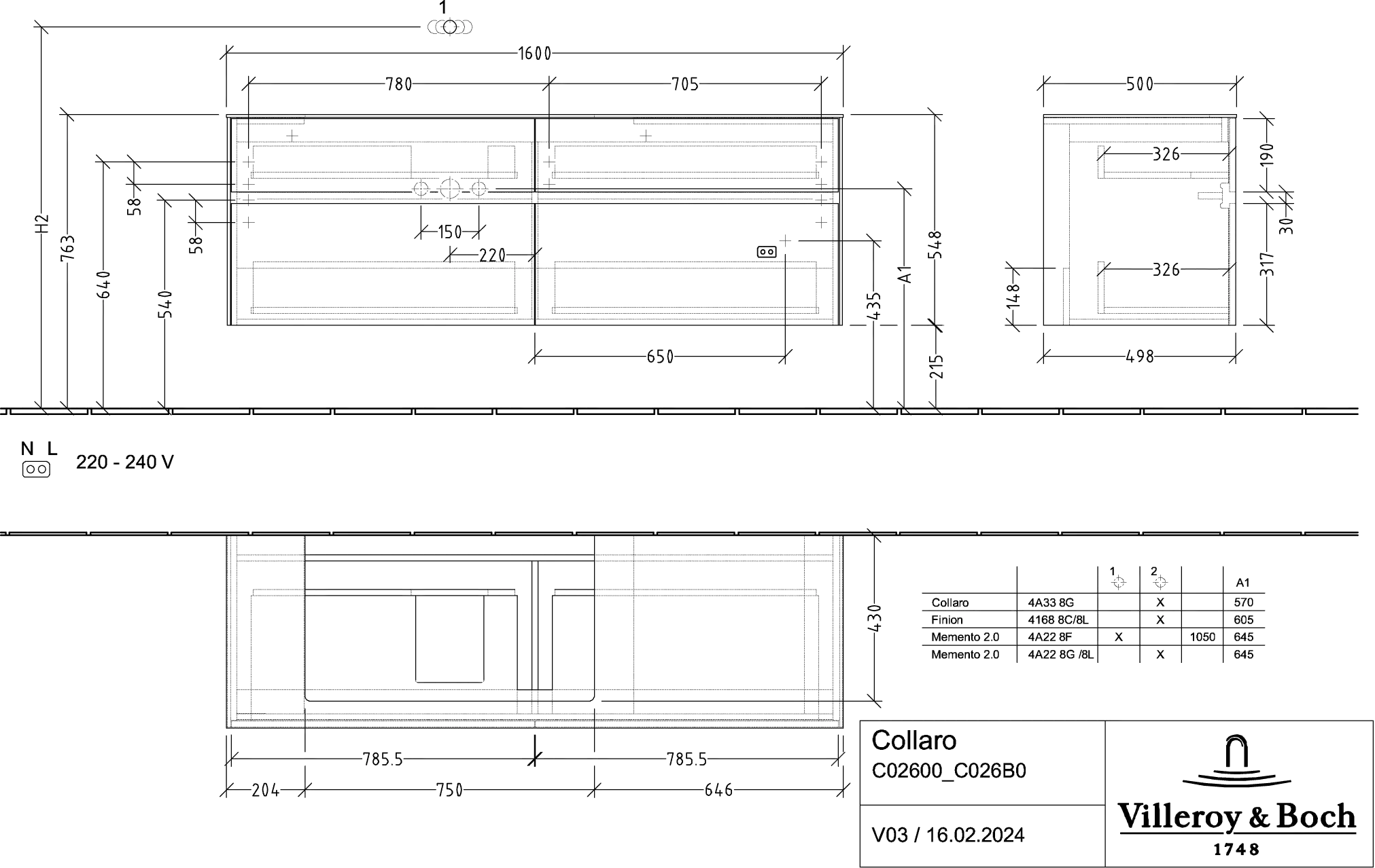 Villeroy & Boch Waschtischunterschrank „Collaro“ 1600 × 548 × 500 mm Marine Blue, mit Beleuchtung, für Becken links