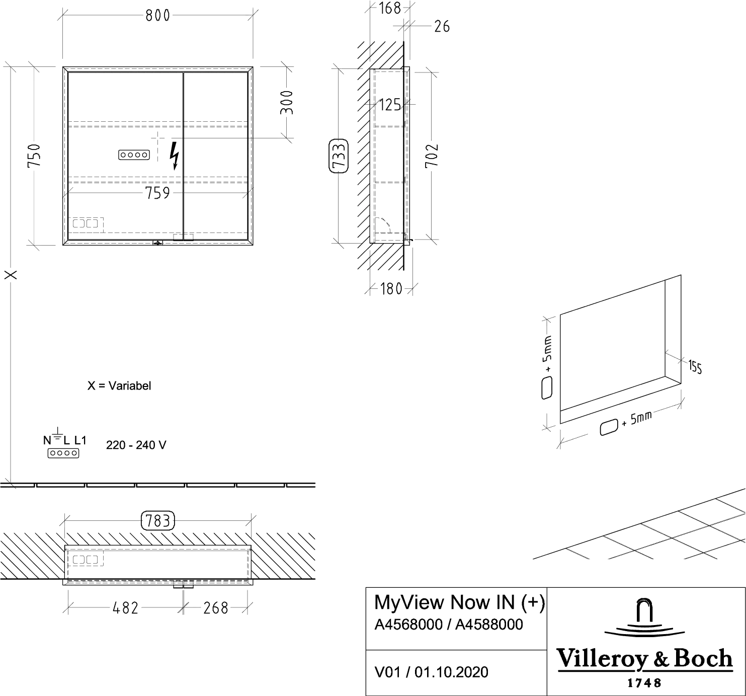 Villeroy & Boch Unterputz-Spiegelschrank „My View Now“ 80 × 75 × 16,8 × 16,8 cm