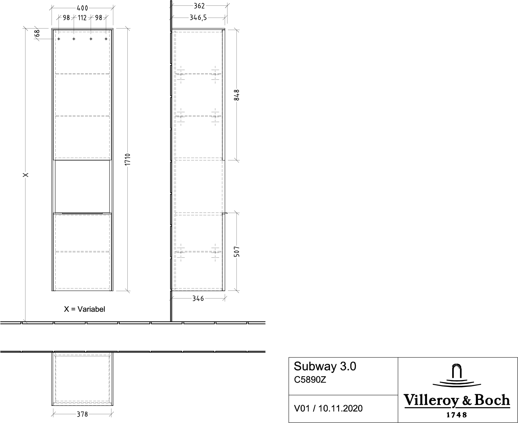 Villeroy & Boch Hochschrank mit offenem Fach „Subway 3.0“ 40 × 171 × 36,2 × 36,2 cm 2 Türen, 1 × offenes Fach, 2 × fixer Fachboden, Anschlag: rechts, 3 × Glasfachboden, 2 Türen, Anschlag rechts