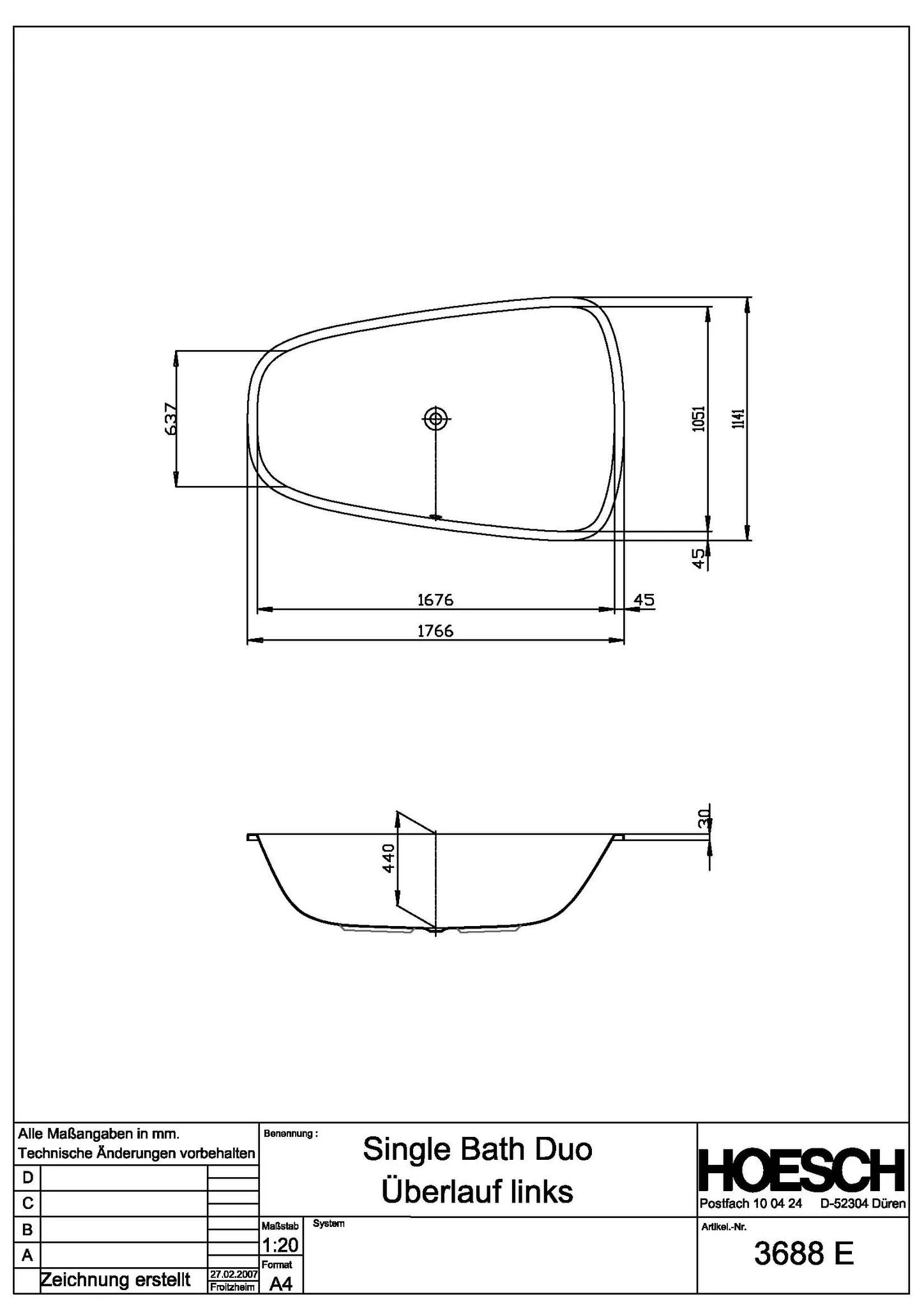 Hoesch Badewanne „Singlebath“ Duo trapez 176,6 × 114,1 cm, links in Weiß
