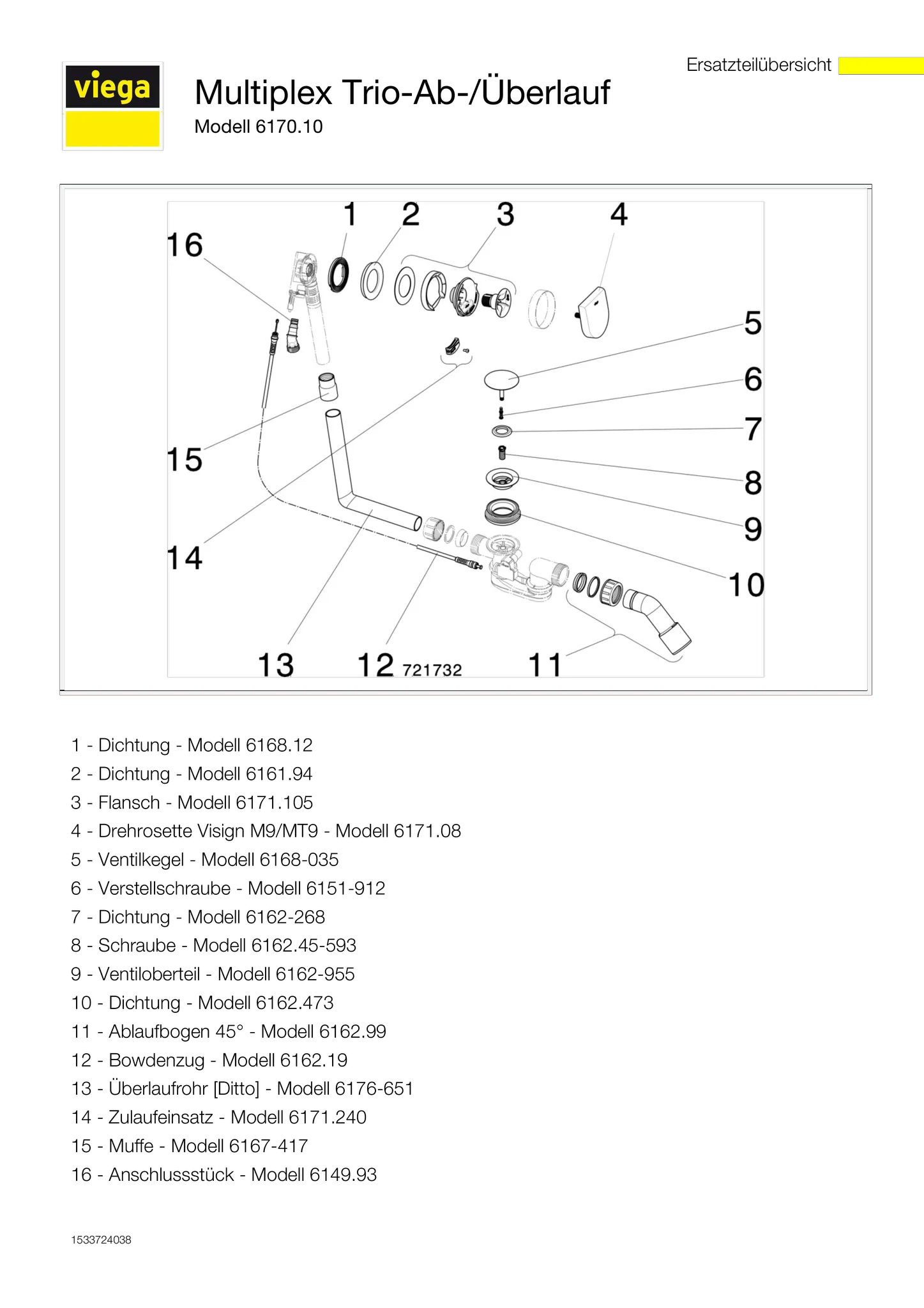 Viega Ab- und Überlaufgarnitur mit Zulauffunktion Modell 6170.10 „Multiplex Trio“ 6170.10 in 560 mm × DN40 / 50 verchromt 11 cm