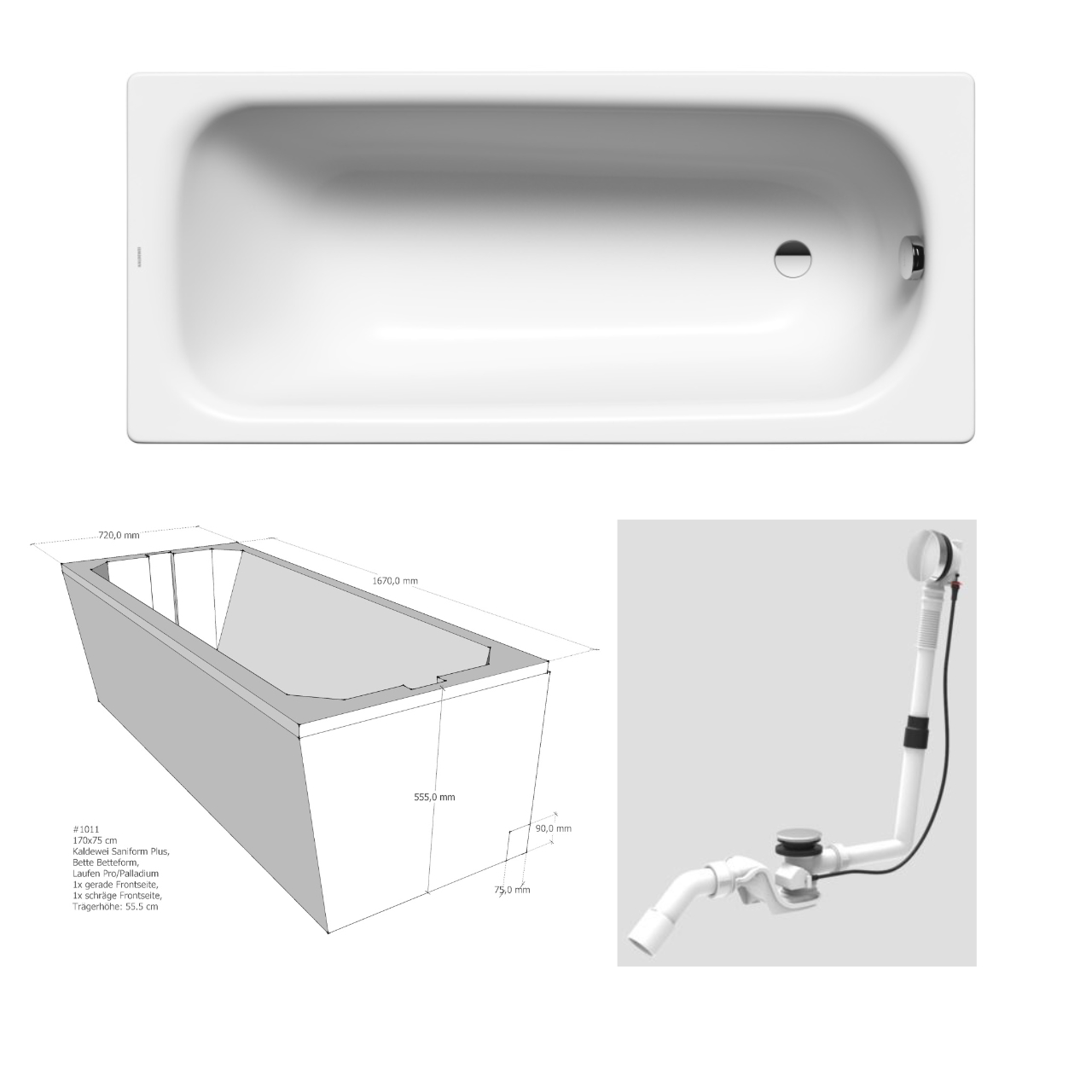 Badewanne inkl. Wannenträger und Kaldewei Ablaufgarnitur Comfort-Level 170 × 75 cm, ,, ,