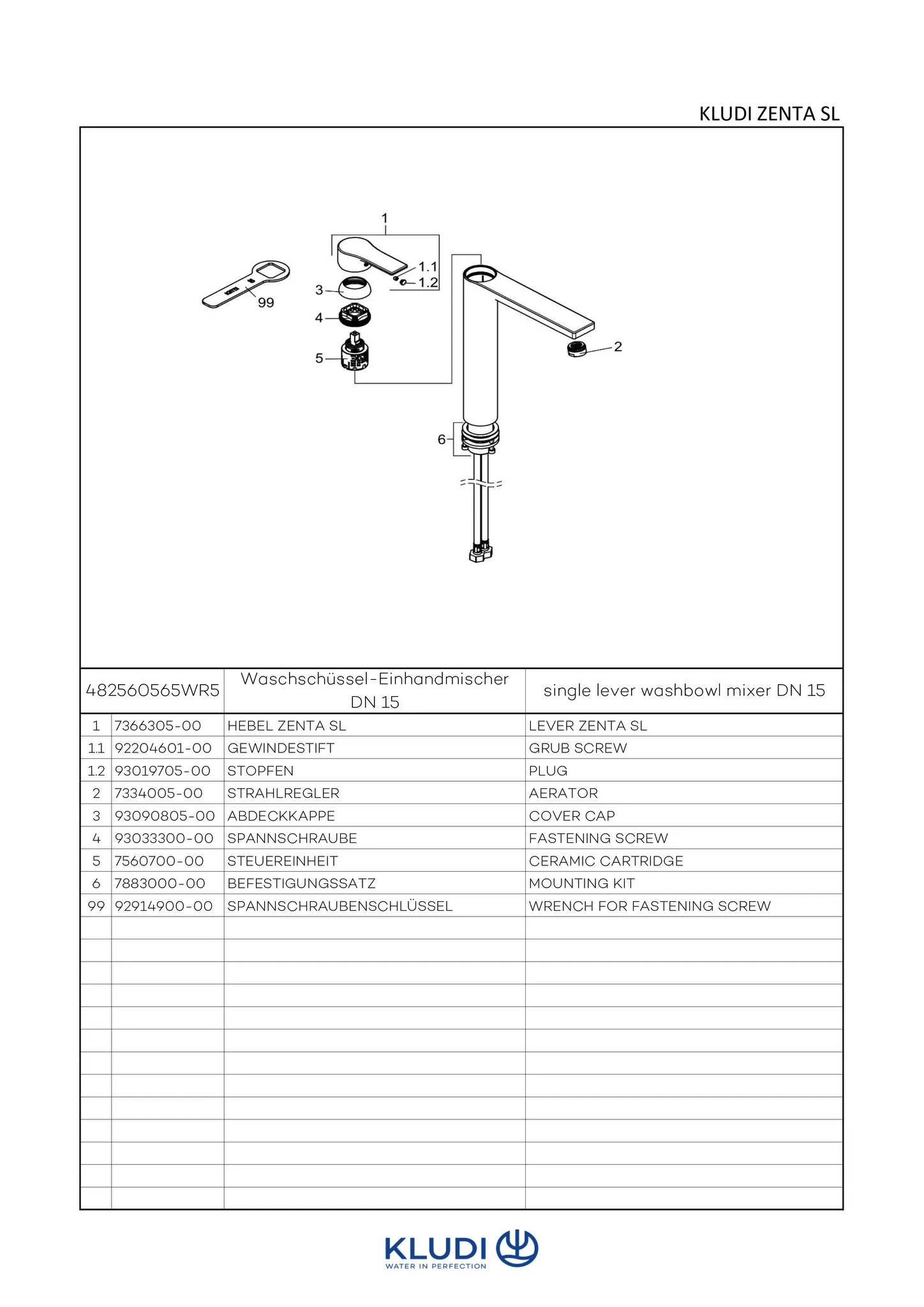 Waschtischarmatur „KLUDI ZENTA SL“ Ausladung 180 mm