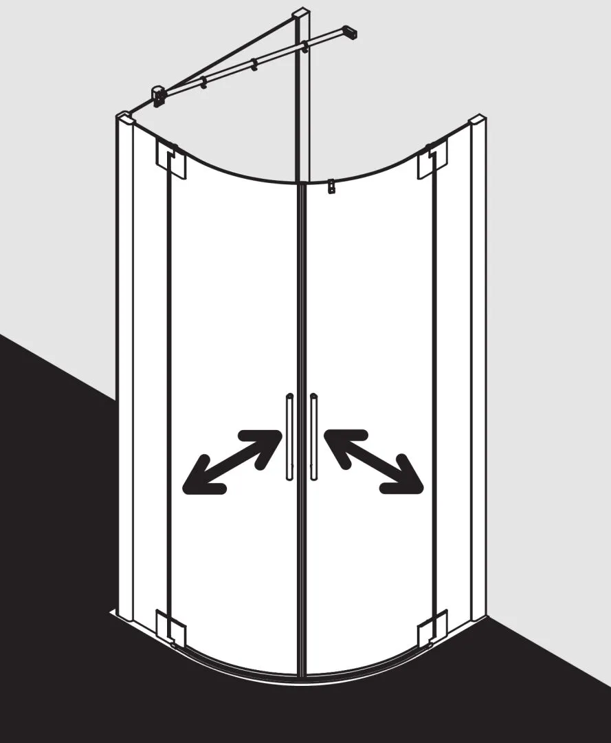 PASA XP PXP55 Viertelkreis-Duschkabine (Pendeltüren mit Festfeldern), Höhe 2000 mm, Wanneneinbaumaß 880-910 mm, Breitenverstellmaß 870-900 mm, Glasaußenkante 855-885 mm, Farbe Silber Mattglanz, Glas ESG Klar