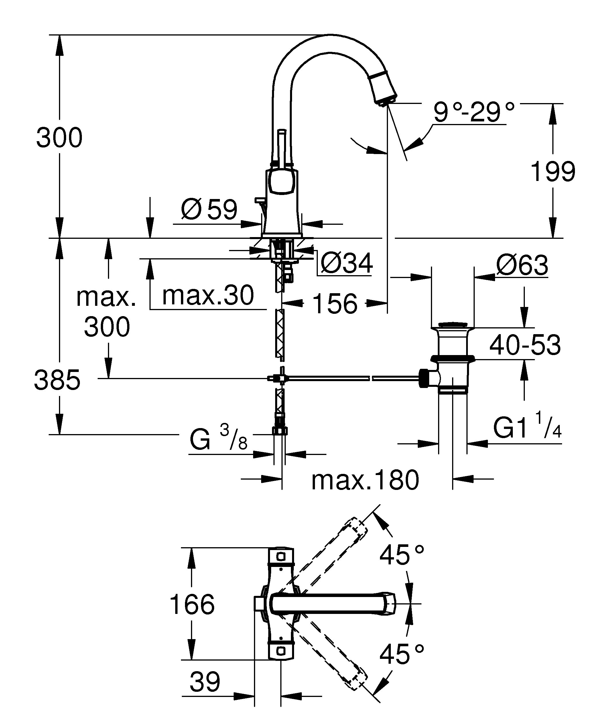 Zweigriff-Waschtischbatterie Grandera 20666, L-Size, Einlochmontage, Zugstangen-Ablaufgarnitur 1 1/4'', chrom