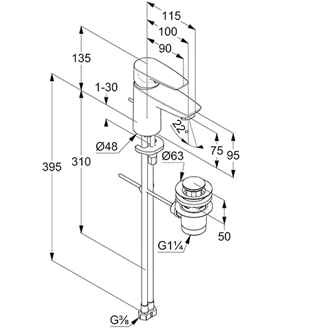 Kludi PURE&SOLID Waschtisch-EHM 75 m. Metallablaufg. chrom