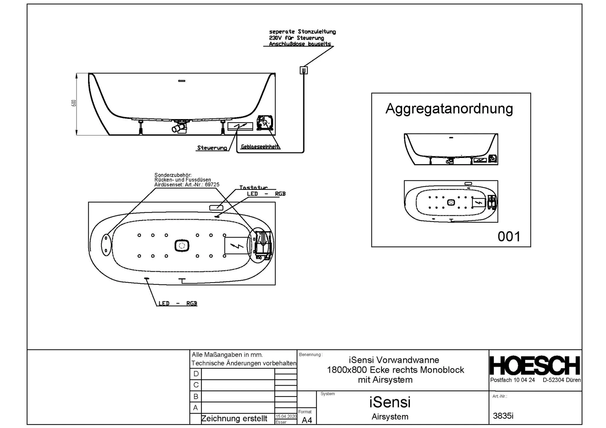 Hoesch Whirlwanne „iSensi“ Monolith mit Airsystem „iSensi“ vorwand eck, asymmetrisch 180 × 80 cm, rechts in Weiß