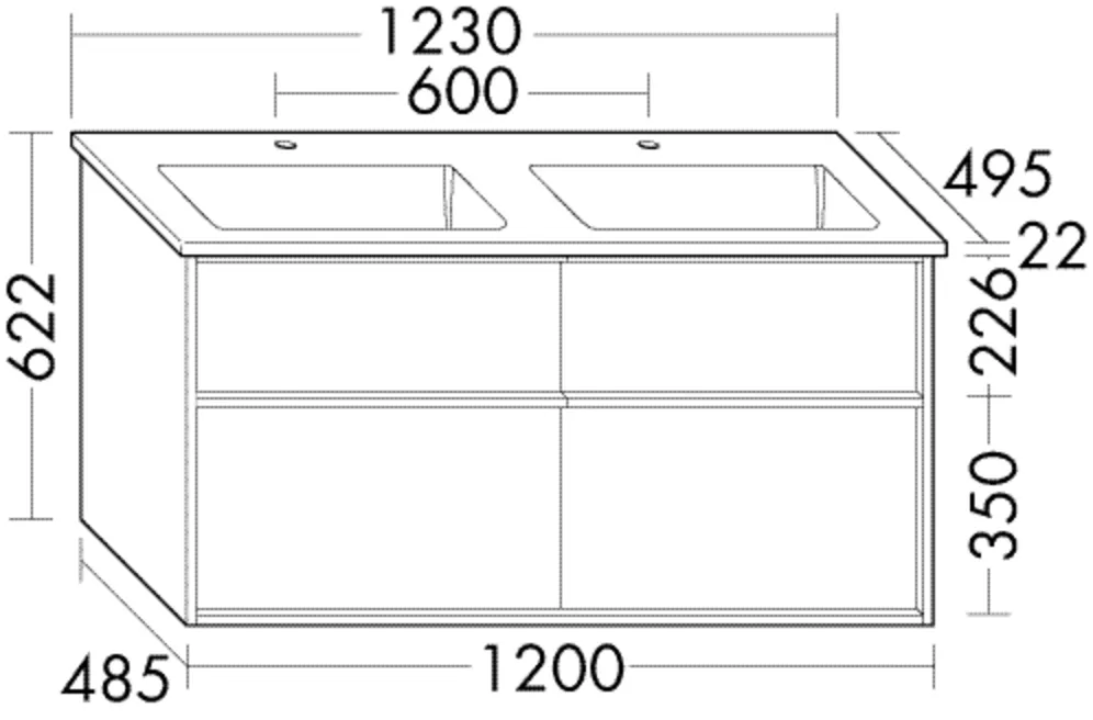 Keramik-Waschtisch Lin20 inkl. Waschtischunterschrank - Uomo Serie von burgbad, 495x1230x392 mm, Doppelwaschtisch mit 2 Schubladen und 2 Auszügen