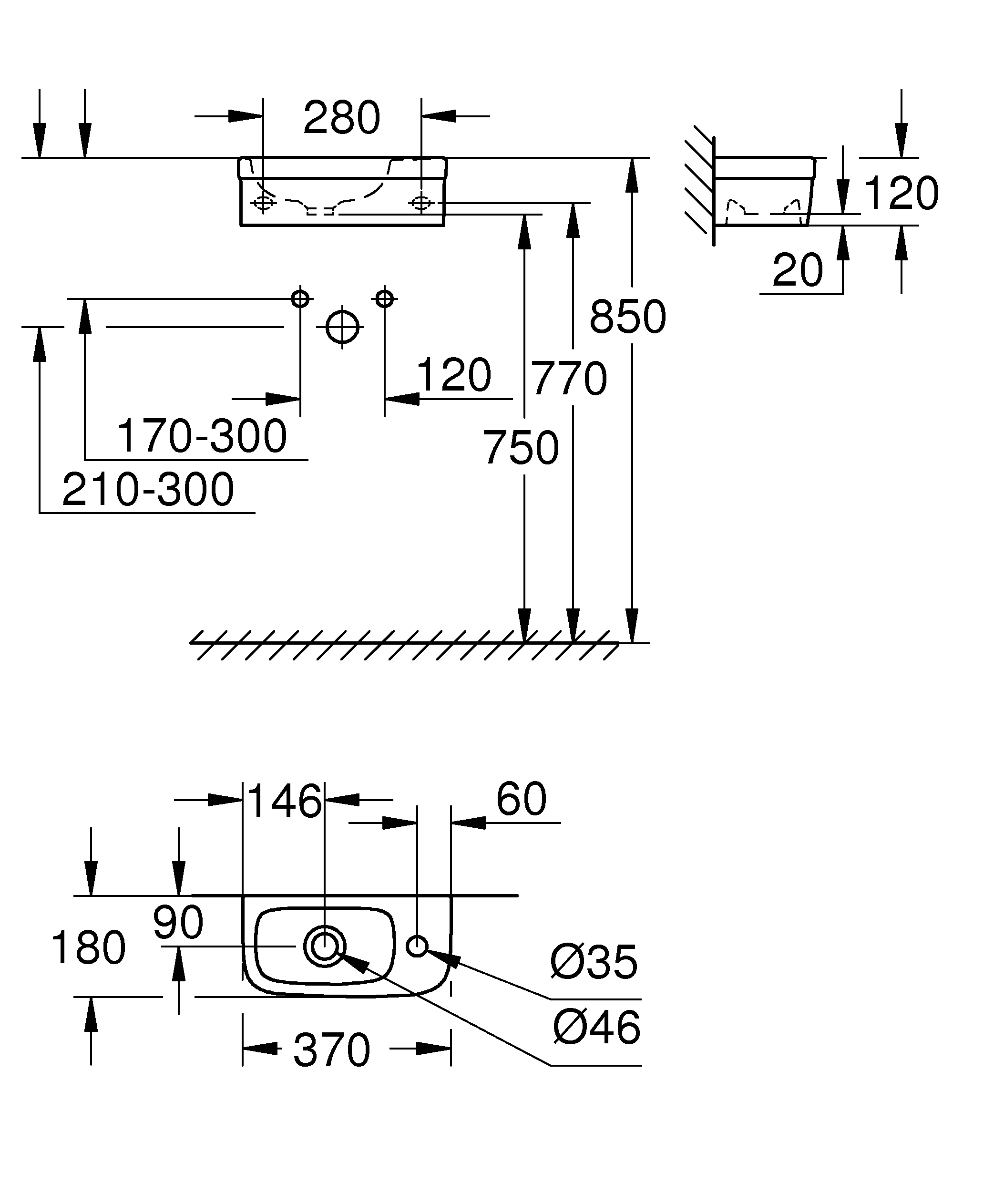 Mini-Handwaschbecken Euro Keramik 39327, wandhängend, 370 x 180 mm, 1 Hahnloch, aus Sanitärkeramik, alpinweiß