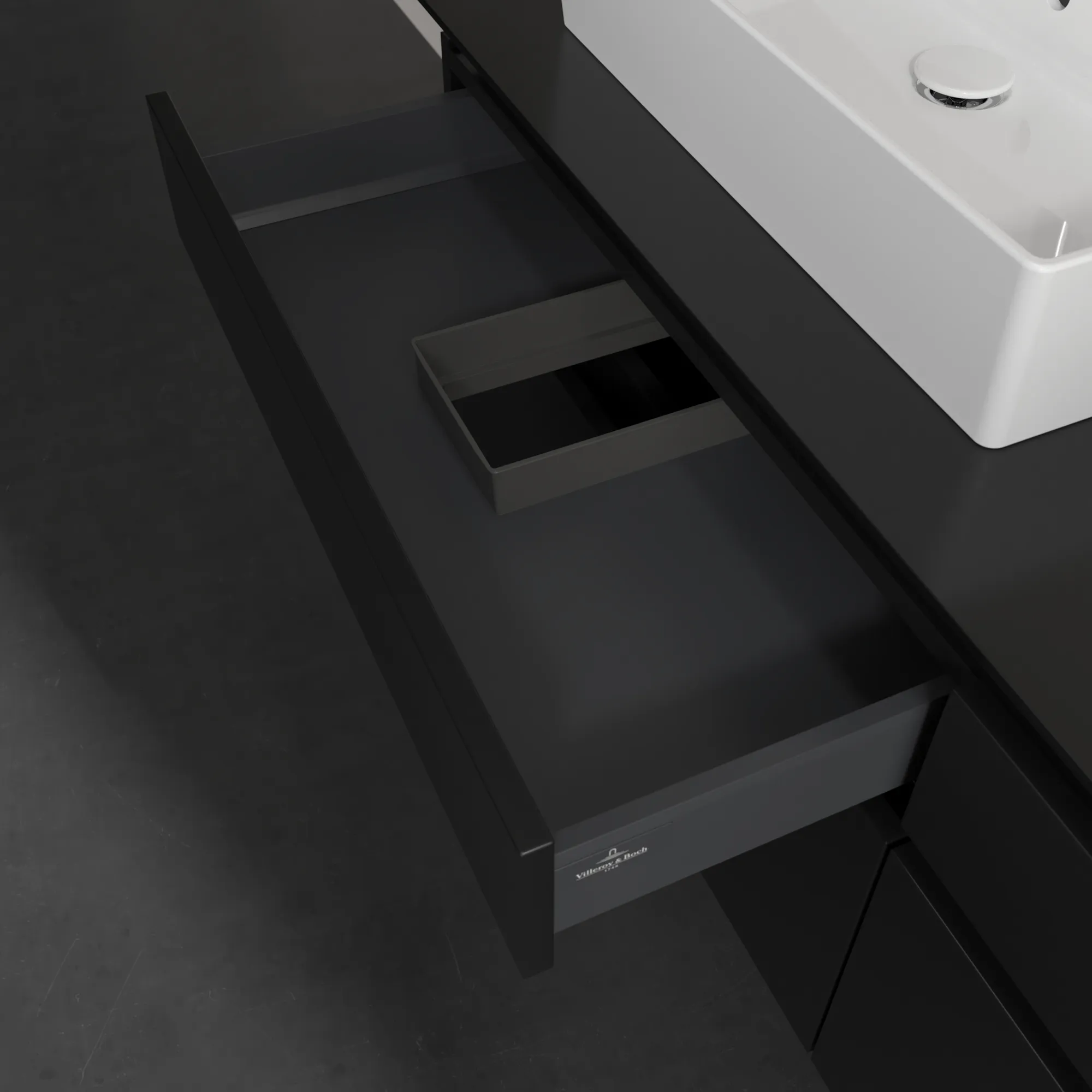 Villeroy & Boch Waschtischunterschrank „Legato“ für Schrankwaschtisch 1600 × 550 × 500 mm Black Matt Lacquer, für links und rechts