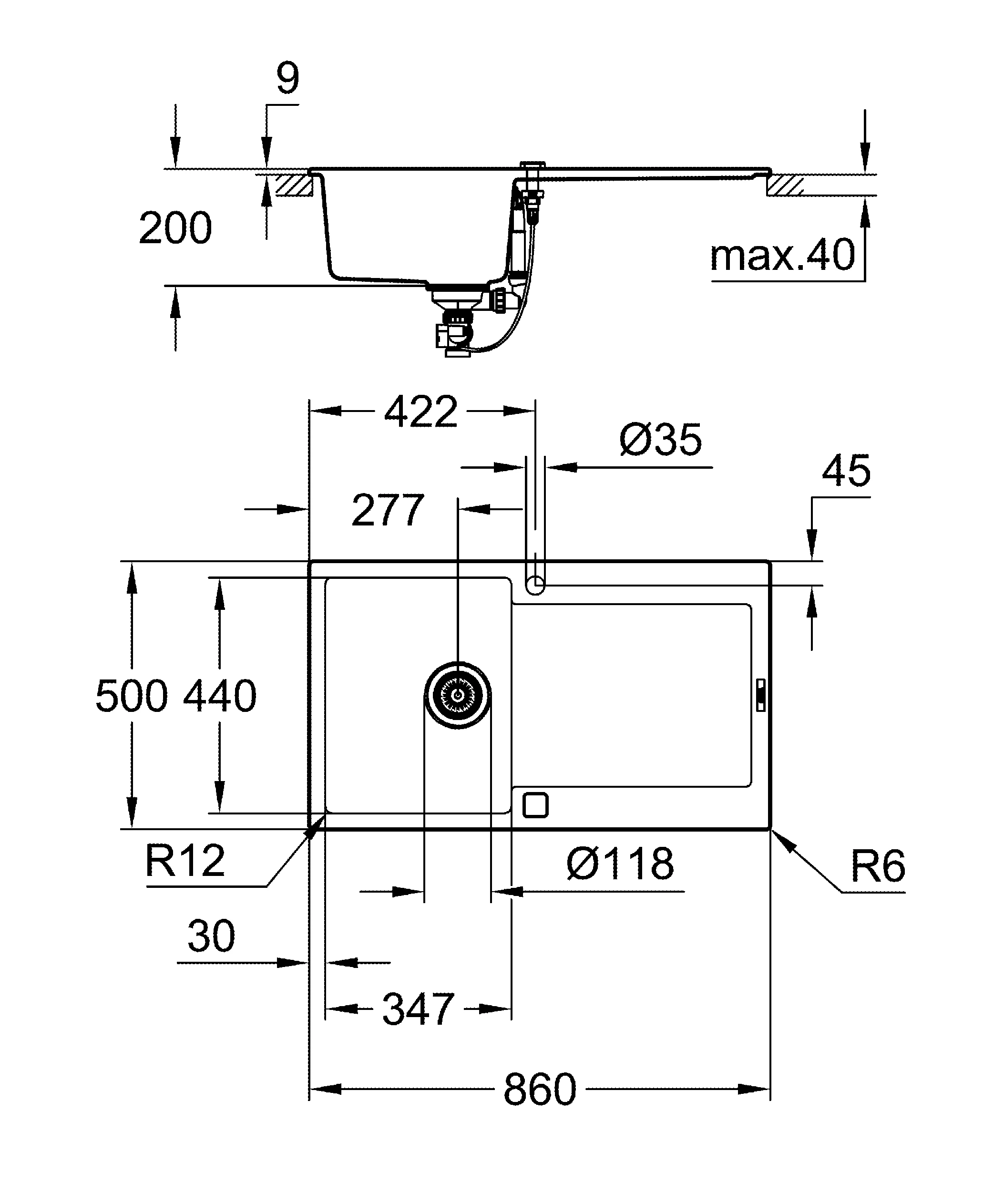 Kompositspüle K500 31644, mit Abtropffläche, Modell: K500 50-C 86/50 1.0 rev, Montageart: Standard-Einbauspüle, Maße: 860 x 500 mm, 1 Becken: 347 x 440 x 200 mm, granit schwarz