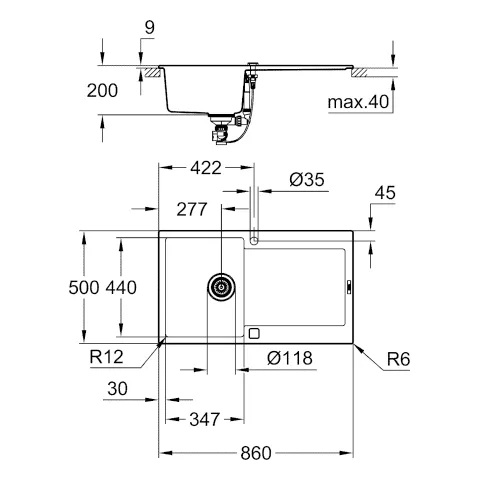 Kompositspüle K500 31644, mit Abtropffläche, Modell: K500 50-C 86/50 1.0 rev, Montageart: Standard-Einbauspüle, Maße: 860 x 500 mm, 1 Becken: 347 x 440 x 200 mm, granit schwarz Kompositspüle K500 31644, mit Abtropffläche, Modell: K500 50-C 86/50 1.0 rev, Montageart: Standard-Einbauspüle, Maße: 860 x 500 mm, 1 Becken: 347 x 440 x 200 mm, granit schwarz