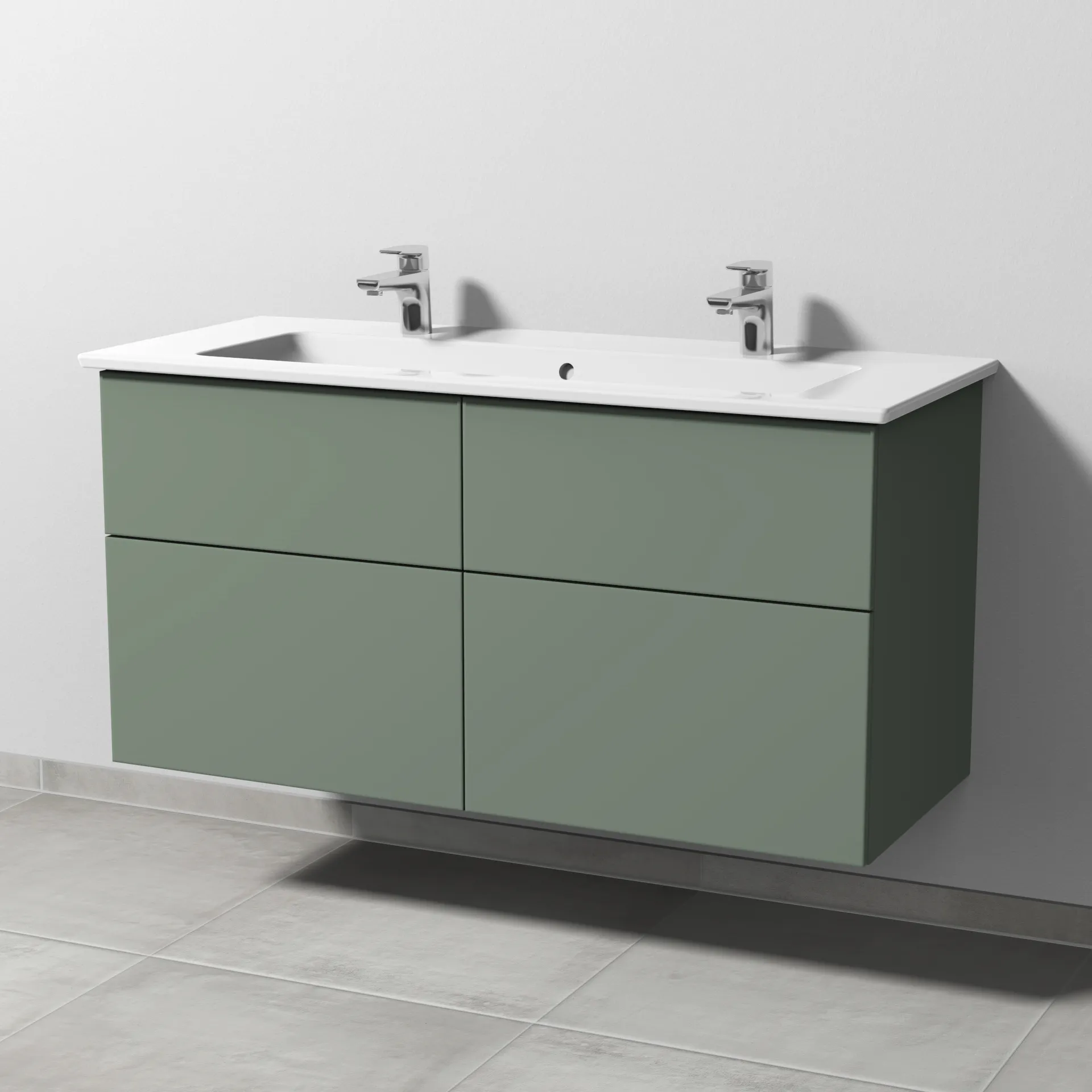 Keramik-Waschtisch-Set mit Waschtischunterschrank „3way“ 115,5 × 47,7 × 59,1 cm in Soft-Green, mit Hahnlochbohrung, Becken mittig