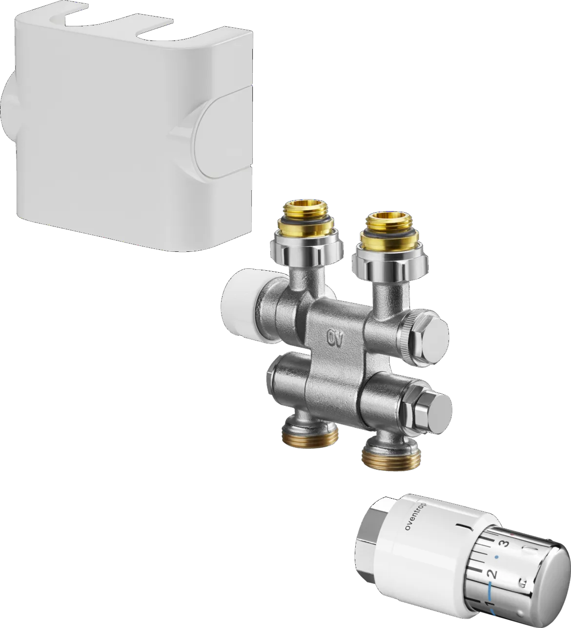 Oventrop Anschluss-Set (50 mm) „Multiblock TFU“ mit Thermostat „Uni SH“ in weiß / chrom Oventrop Anschluss-Set (50 mm) „Multiblock TFU“ mit Thermostat „Uni SH“ in weiß / chrom