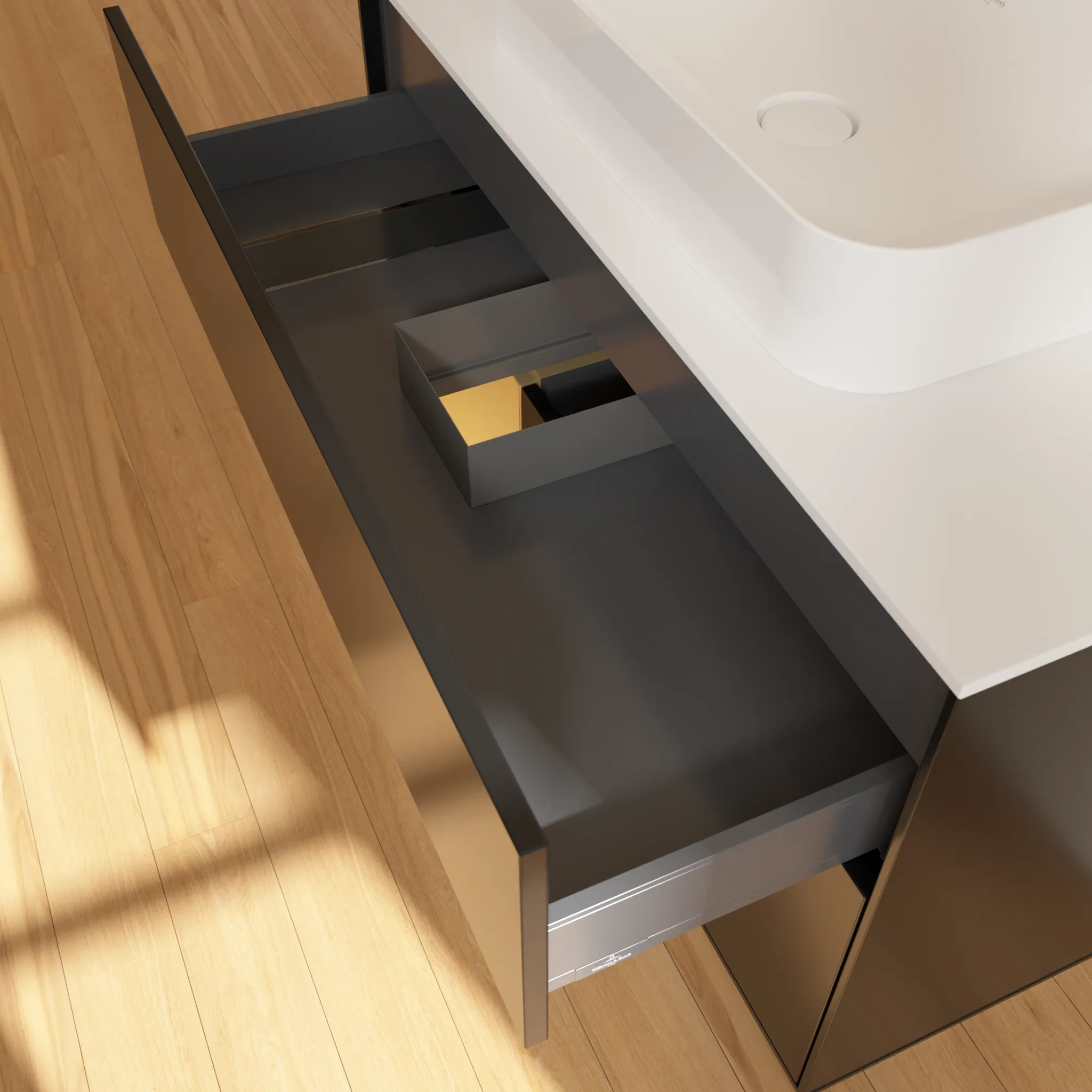 Villeroy & Boch Waschbeckenunterschrank Finion F24, 1000x603x501 mm, Black Matt Lacquer mit Gold Regal, Beleuchtung dimmbar, Push-to-open, SoftClosing