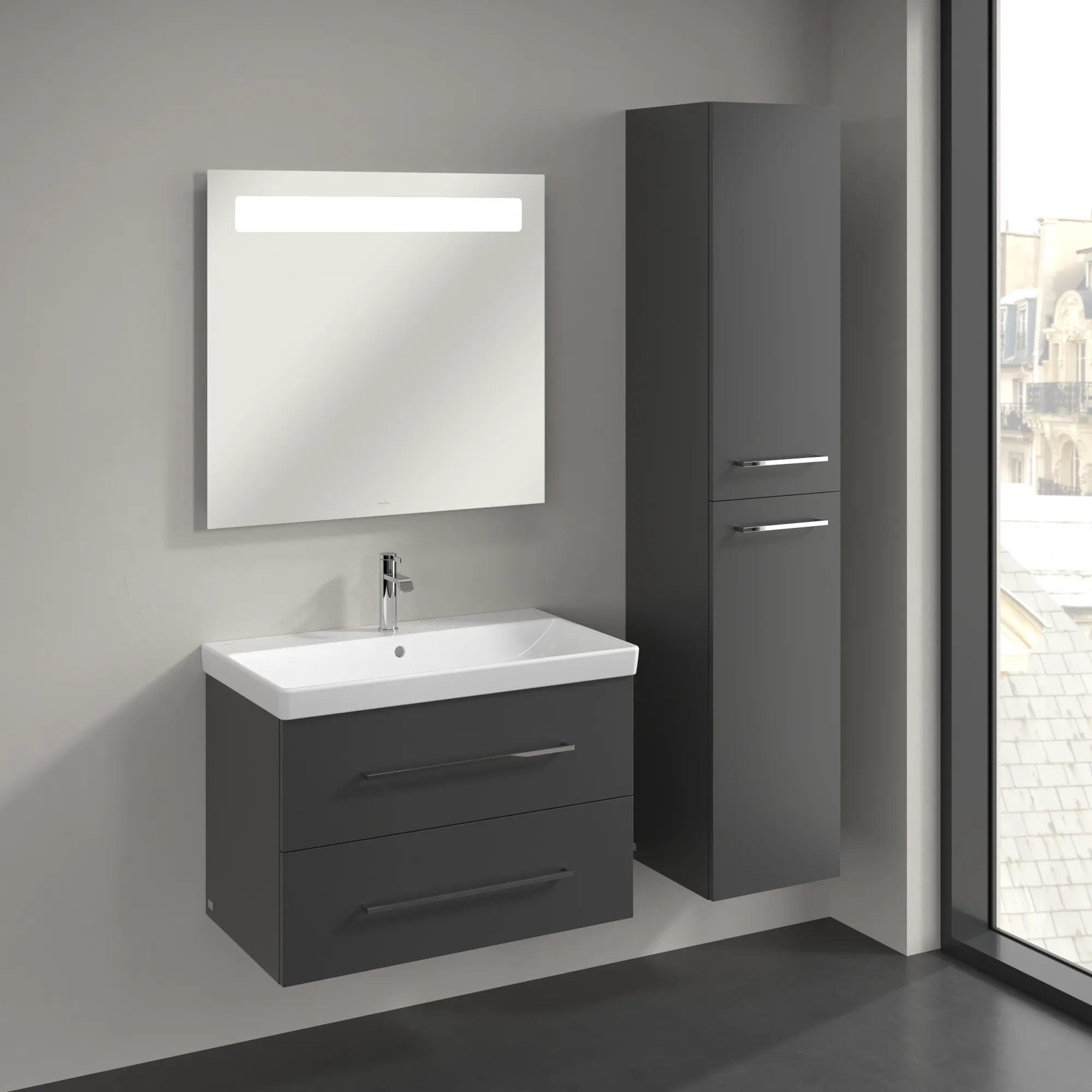 Villeroy & Boch Hochschrank „Avento“ 35 × 176 × 37,2 × 37,2 cm Graphite, Anschlag rechts, Soft Closing, 2 Türen