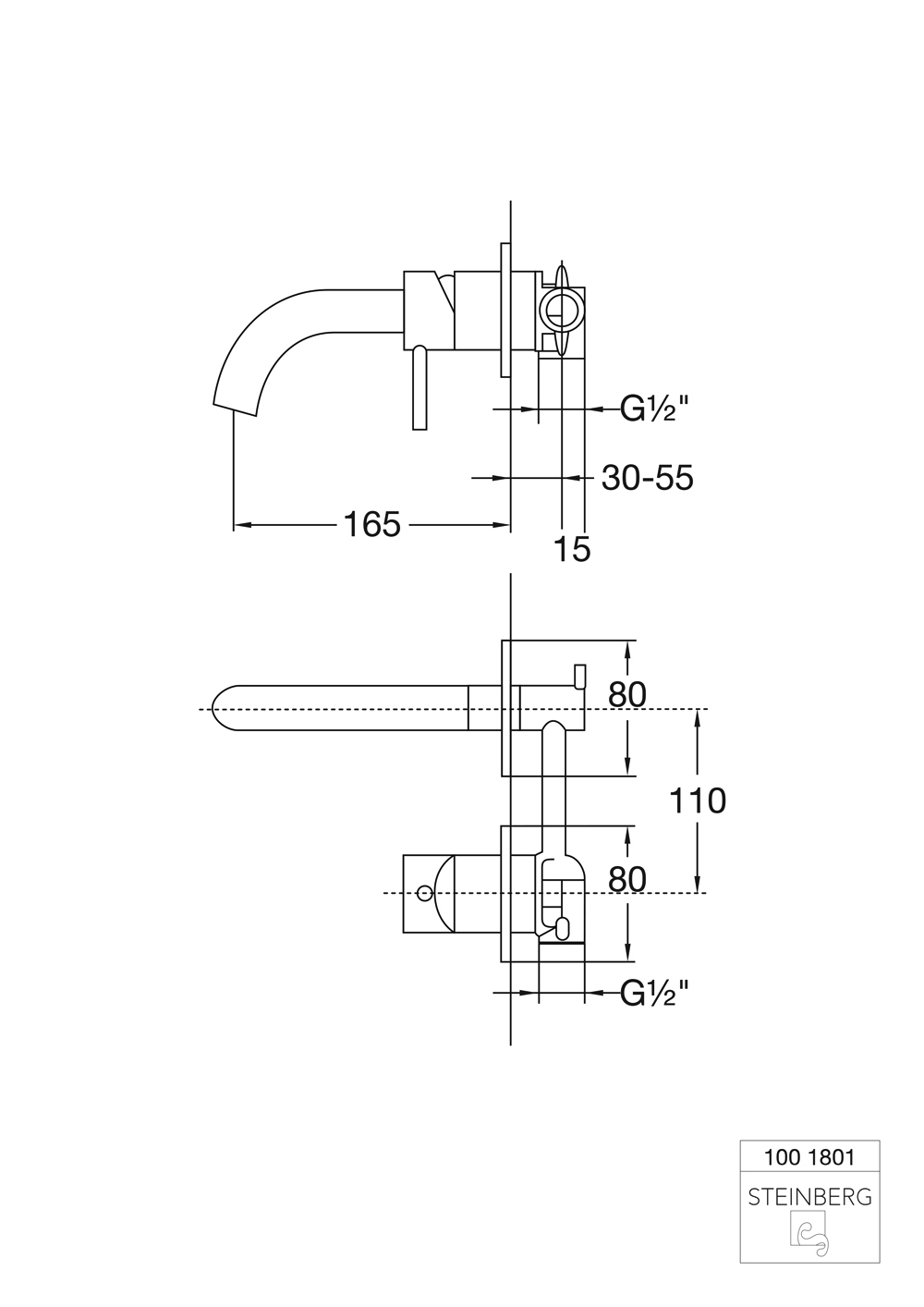 Serie 100 Waschtisch-Einhebelmischbatterie für Wandmontage Ausladung: 16,5 cm