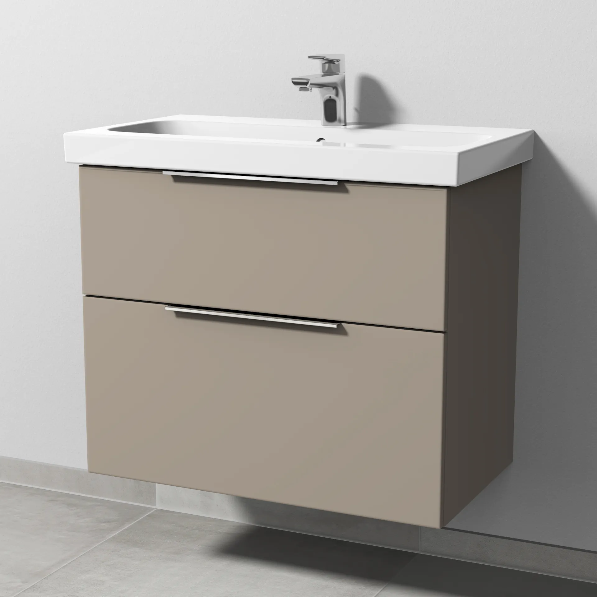 Sanipa Waschtischunterschrank „3way“ passend zu Keramik-Waschtische iCon Light von Geberit 700 × 591 × 407 mm in Sandgrau (matt), Becken mittig, mit