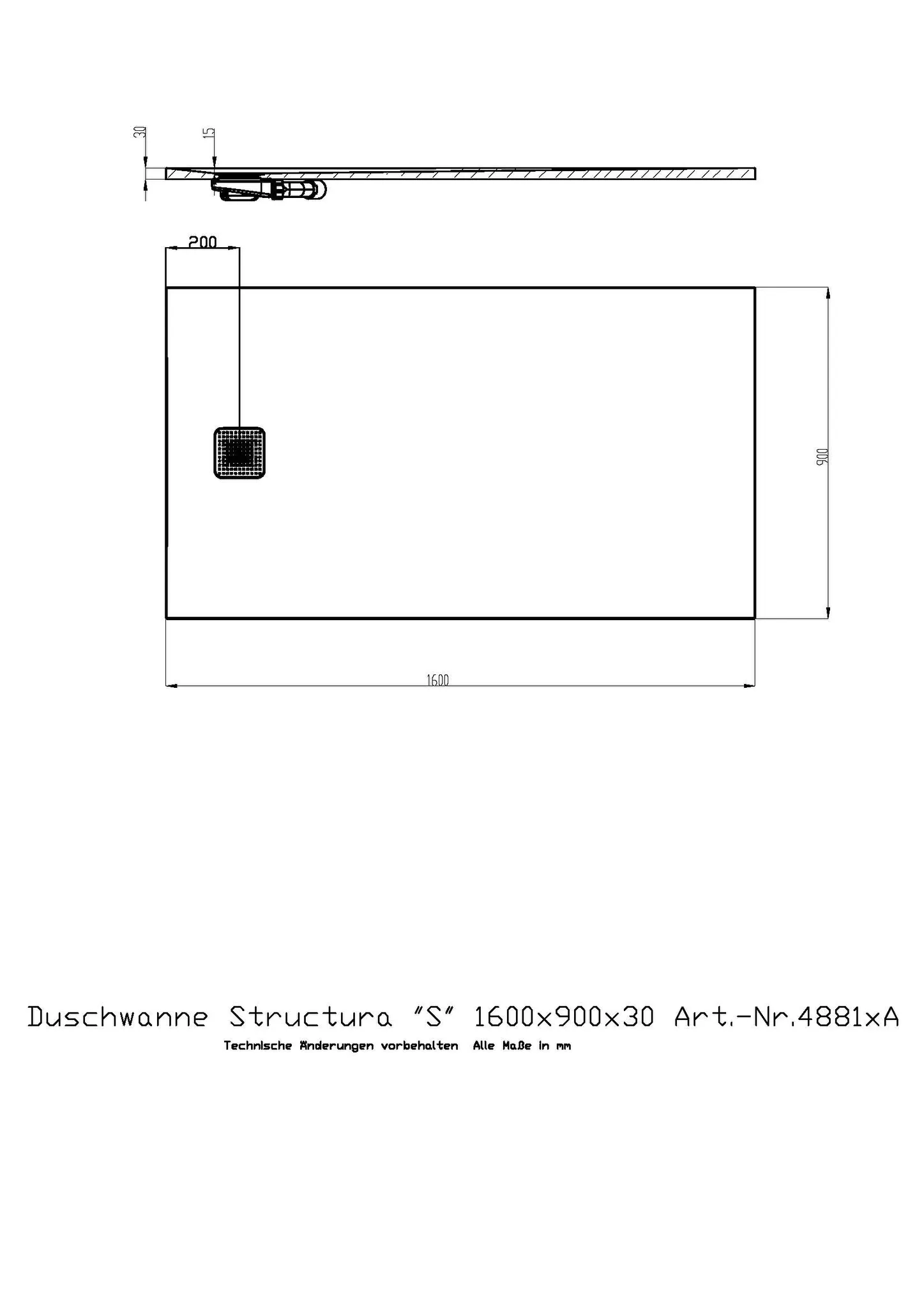 Duschwanne Structura ″S″ 1600x900x30 in gesoftete Schieferoptik, mit Antirutsch B, Material Solique, Weiß