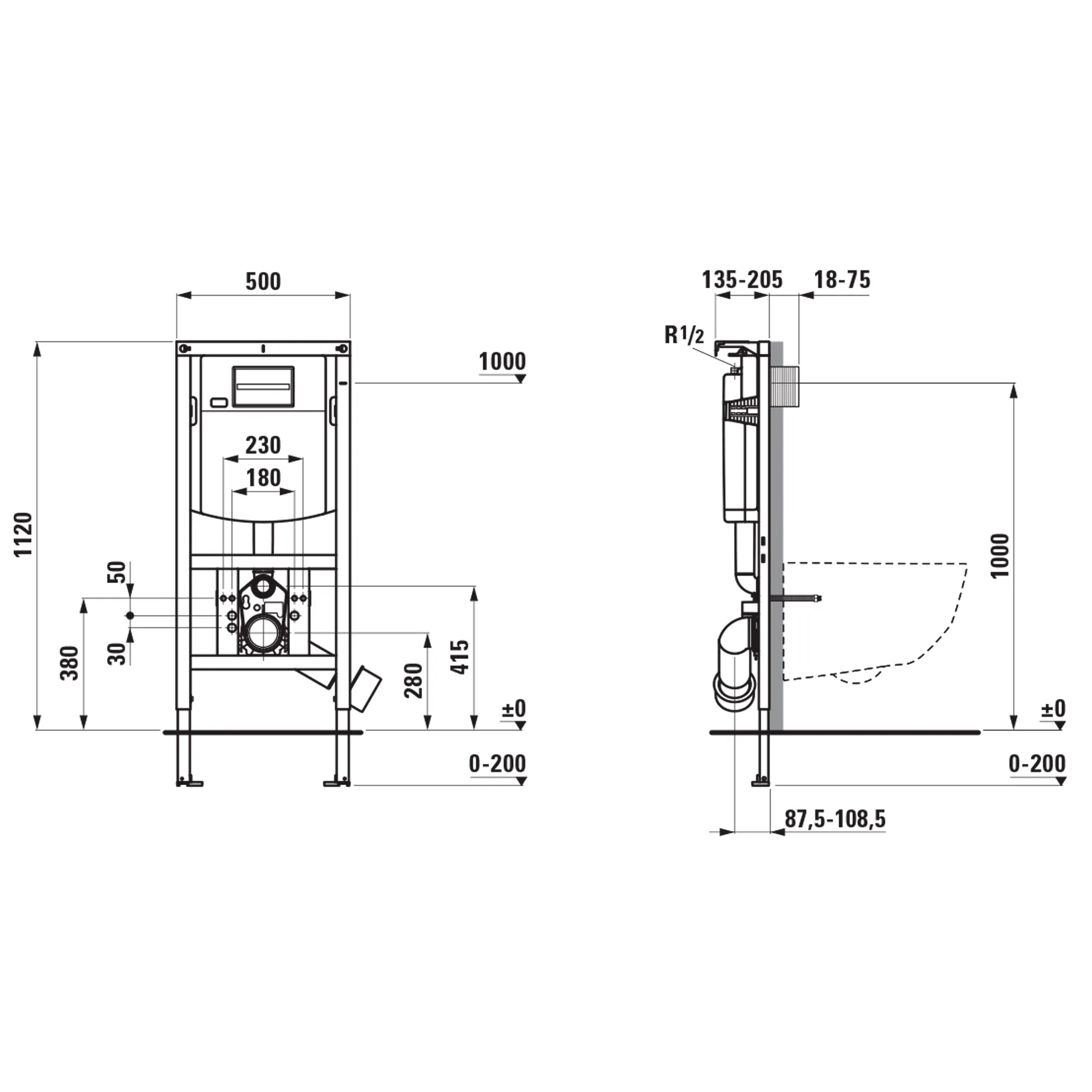 Installationselement INEOLINK mit Spülkasten für behindertengerechtes Bauen für Wand-WC und Dusch-WC, Sitzhöhe +50 mm, Bauhöhe 1120 mm Stahlrahmen, Füße höhenverstellbar und drehbar, Spülkasten mit einstellbarem Spülstromregler (EN 14055)