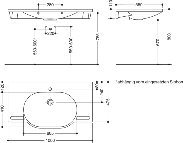 HEWI Waschtisch PG87 alpinweiß, B:1000mm, T:550mm HEWI Waschtisch PG87 alpinweiß, B:1000mm, T:550mm