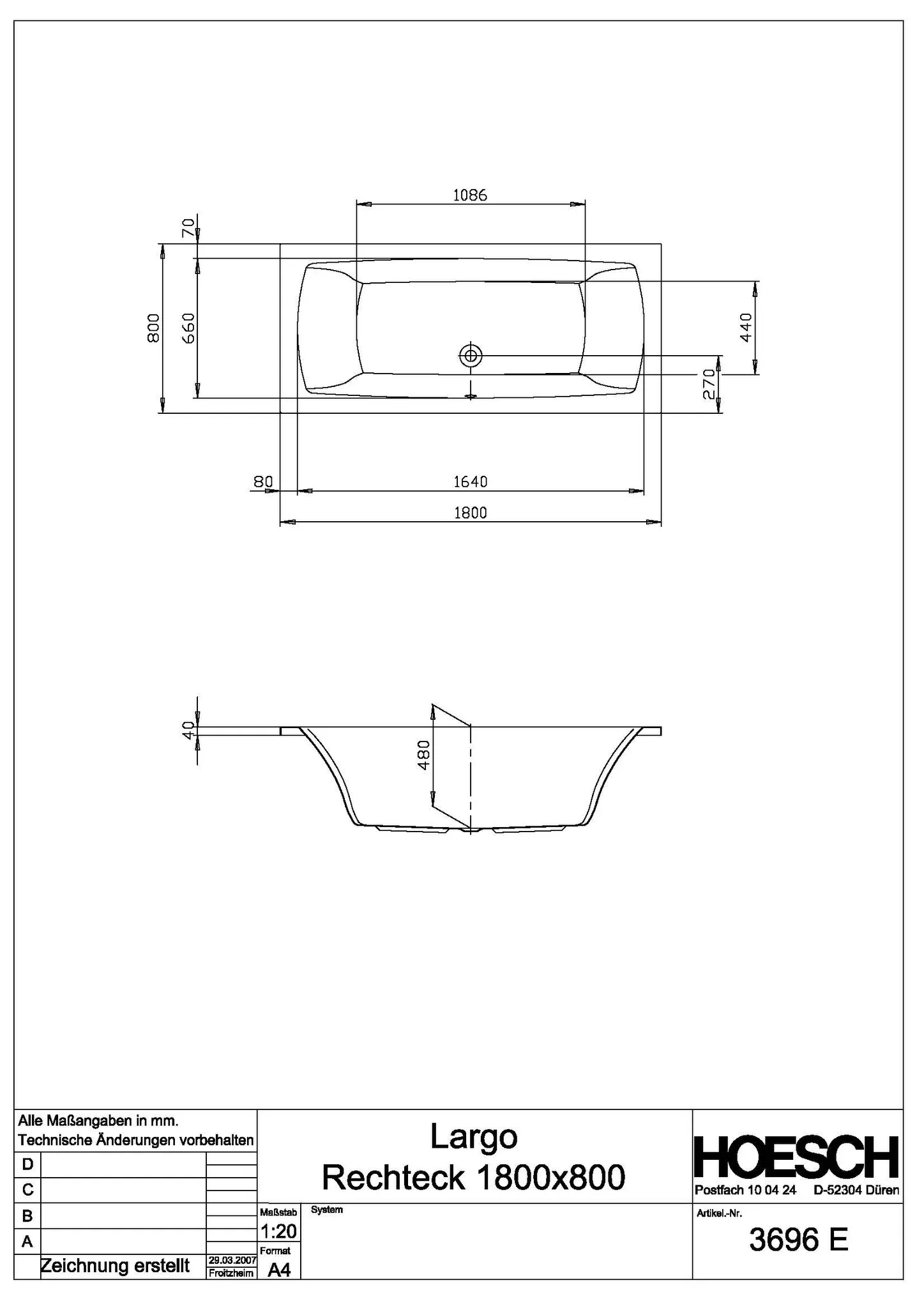 Hoesch Badewanne „Largo“ rechteck 180 × 80 cm in Weiß