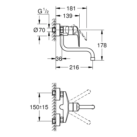 Einhand-Spültischbatterie Eurosmart 31391_3, Wandmontage, schwenkbarer Rohrauslauf, Ausladung 217 mm, Schwenkbereich 360°, S-Anschlüsse, chrom Einhand-Spültischbatterie Eurosmart 31391_3, Wandmontage, schwenkbarer Rohrauslauf, Ausladung 217 mm, Schwenkbereich 360°, S-Anschlüsse, chrom