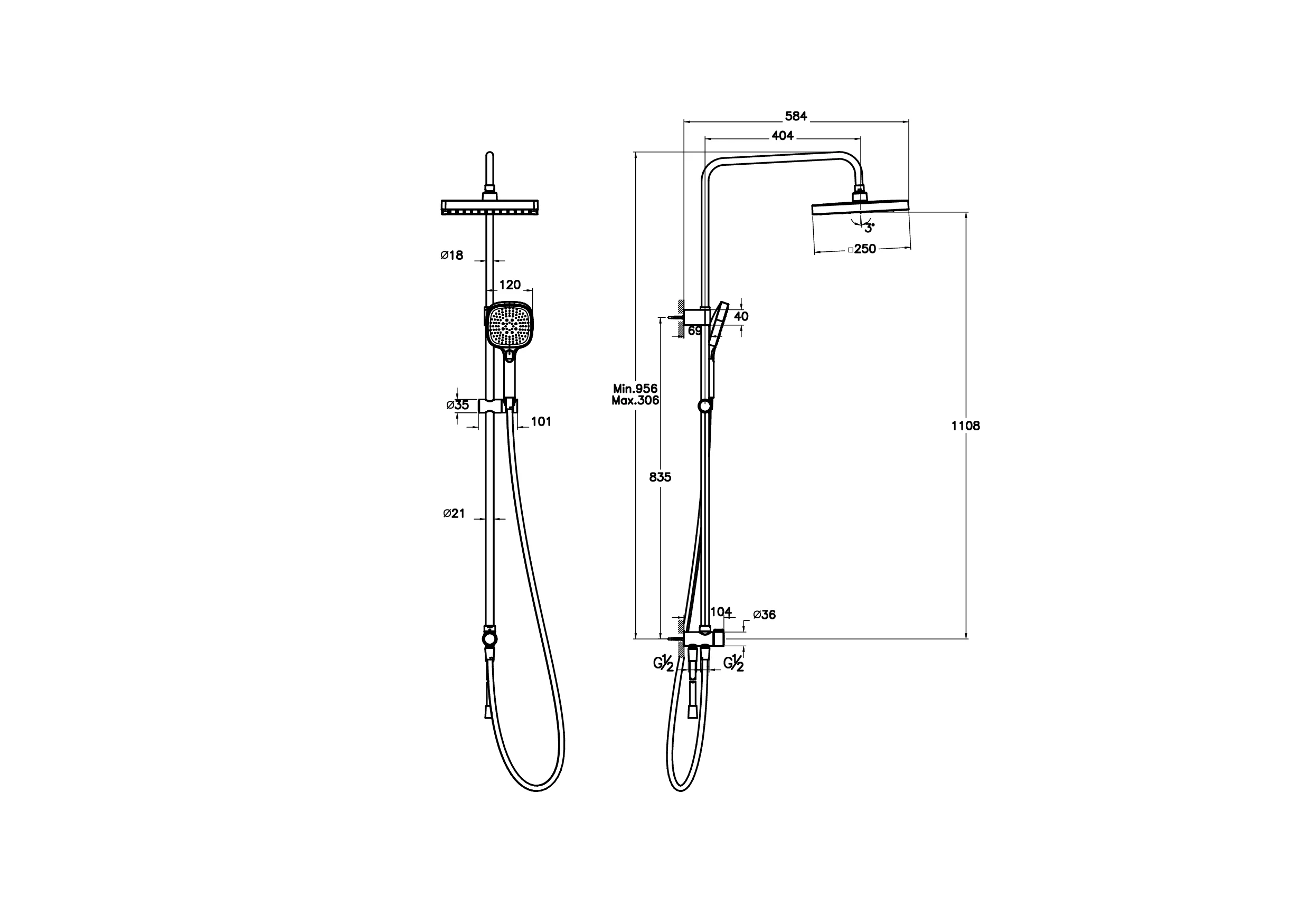 Core Square Duschsystem mit Kopf- und Handbrause Wandmontage Kupfer Soft