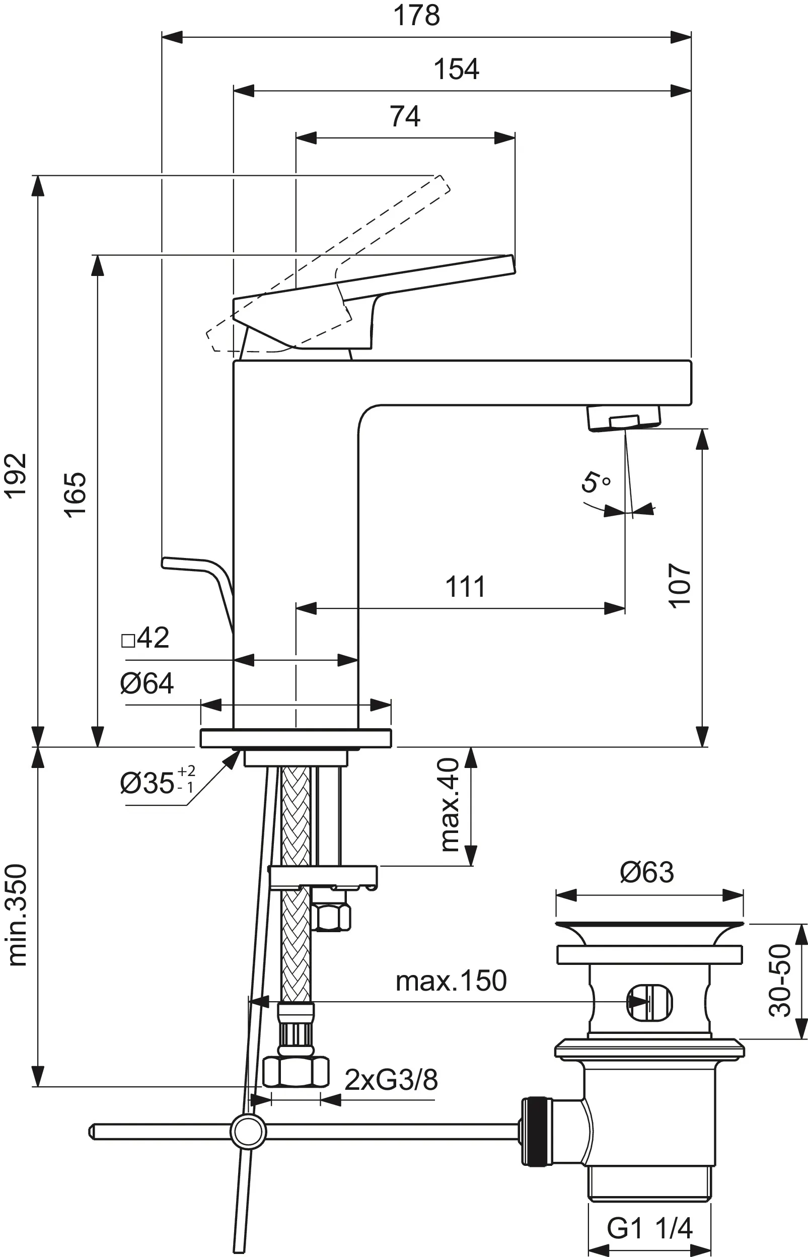 Einhand-Waschtischarmatur „Extra“ Ausladung 111 mm in Chrom