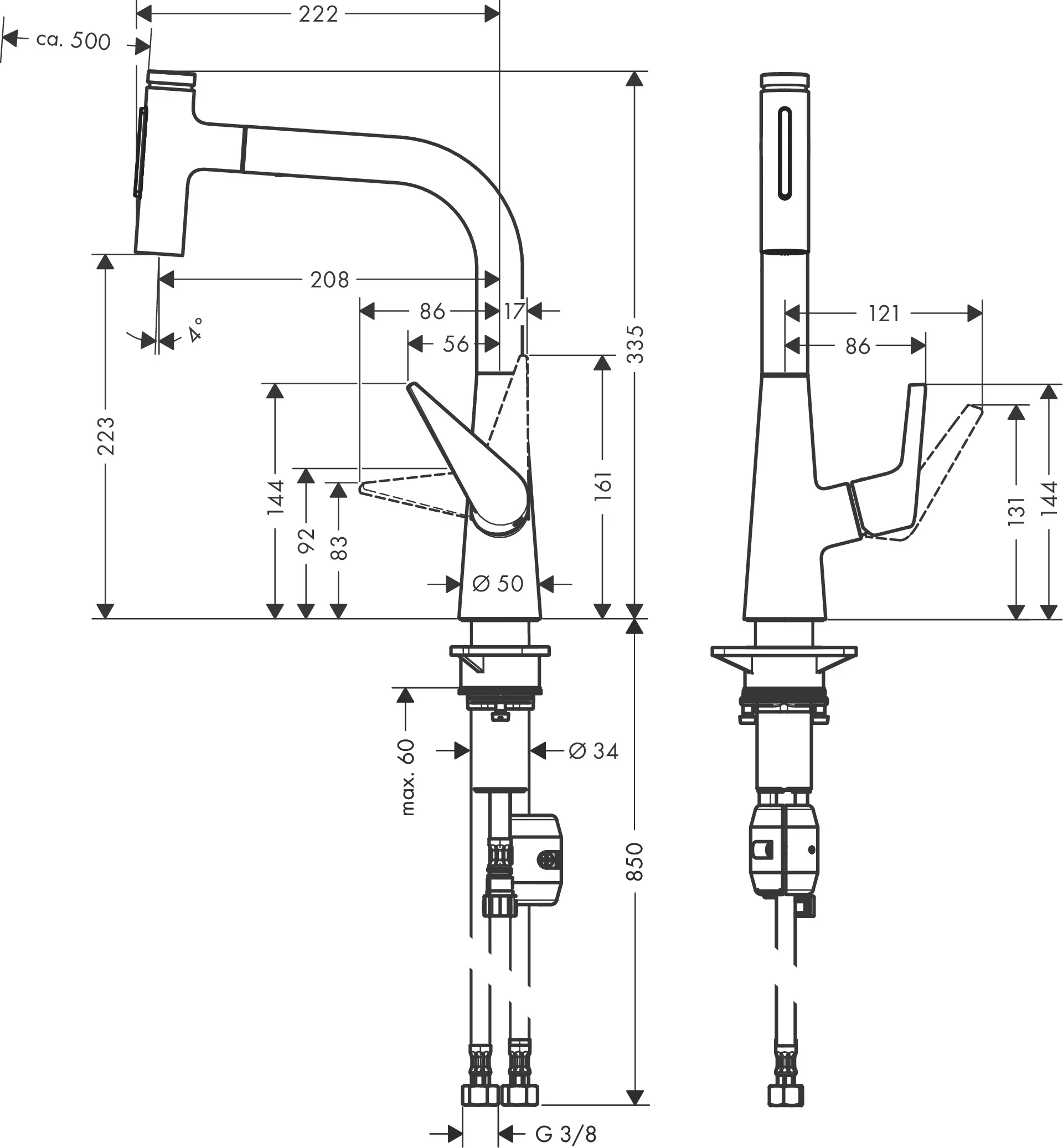 Hansgrohe Talis Select M51 Einhebel-Küchenmischer mit Ausziehbrause 2jet in Chrom, ComfortZone 220, Schwenkbereich einstellbar auf 110° oder 150°, Laminarstrahl und Brausestrahl arretierbar, Keramikmischsystem, max. Durchflussmenge 7 l/min bei 3 bar, Aus