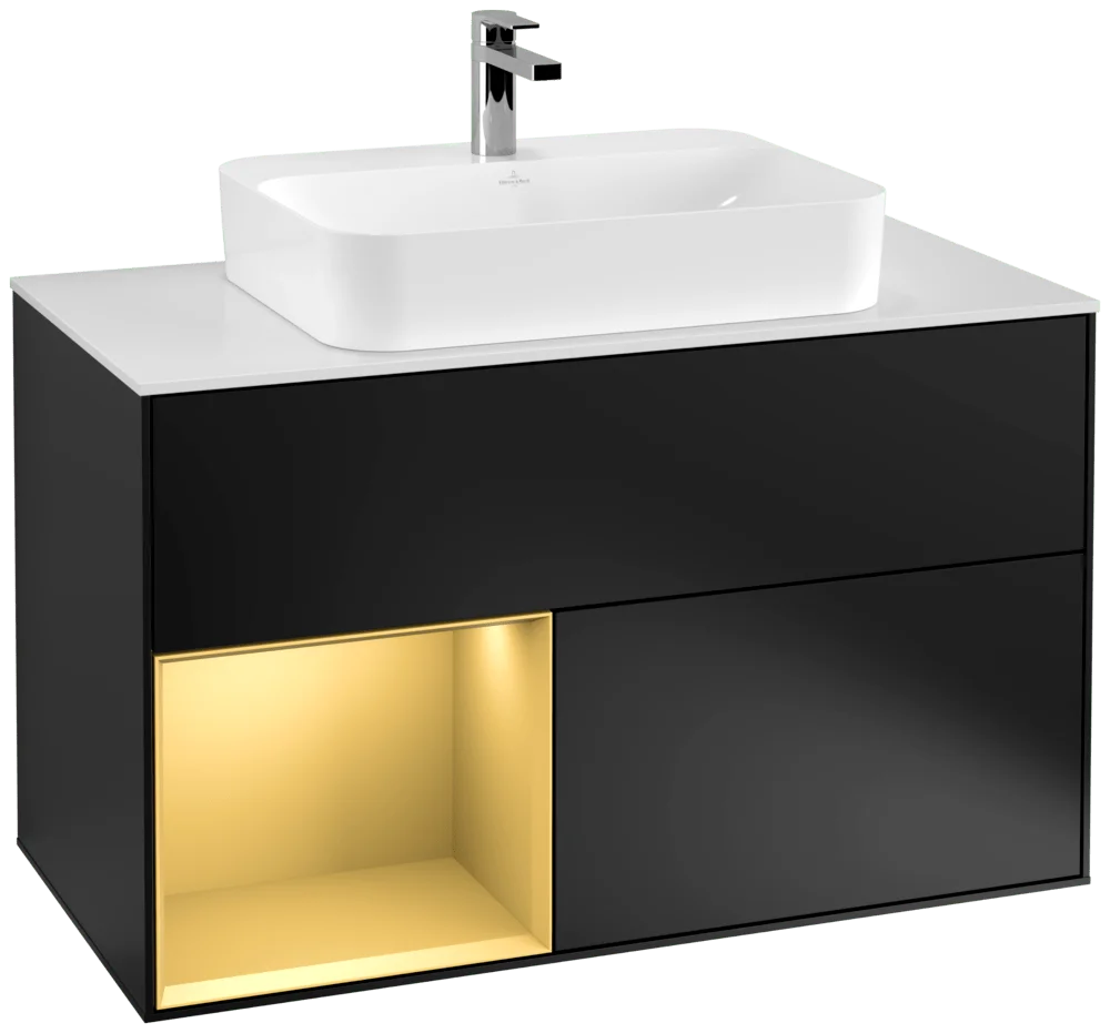 Villeroy & Boch Waschbeckenunterschrank Finion G36, 1000x603x501 mm, Black Matt Lacquer mit Gold Akzenten, Beleuchtung, SoftClosing, Push-to-open Villeroy & Boch Waschbeckenunterschrank Finion G36, 1000x603x501 mm, Black Matt Lacquer mit Gold Akzenten, Beleuchtung, SoftClosing, Push-to-open