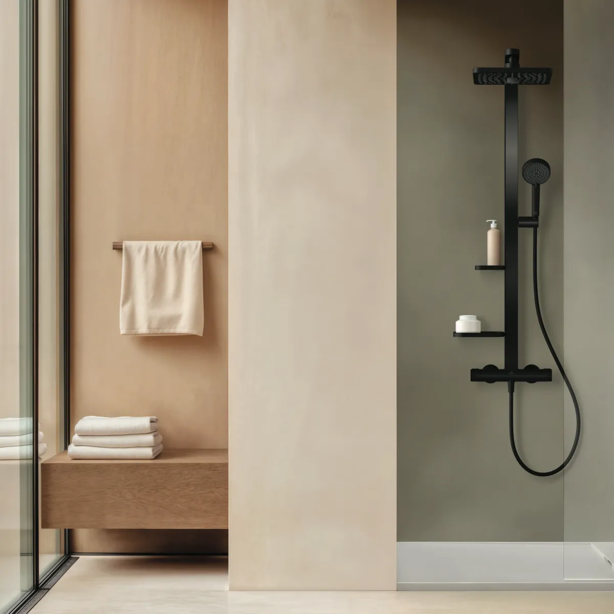 Ideal Standard Duschsystem Ceratherm Alu+ Silk Black, Aufputz, 2 Ablagen, 2-Funktions-Handbrause und -Kopfbrause, 345x501x1113 mm