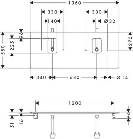 Xelu Q Konsole 1360/550 mit 2 Ausschnitten für Aufsatzwaschtisch mit Hahnloch Weiß Hochglanz Xelu Q Konsole 1360/550 mit 2 Ausschnitten für Aufsatzwaschtisch mit Hahnloch Weiß Hochglanz