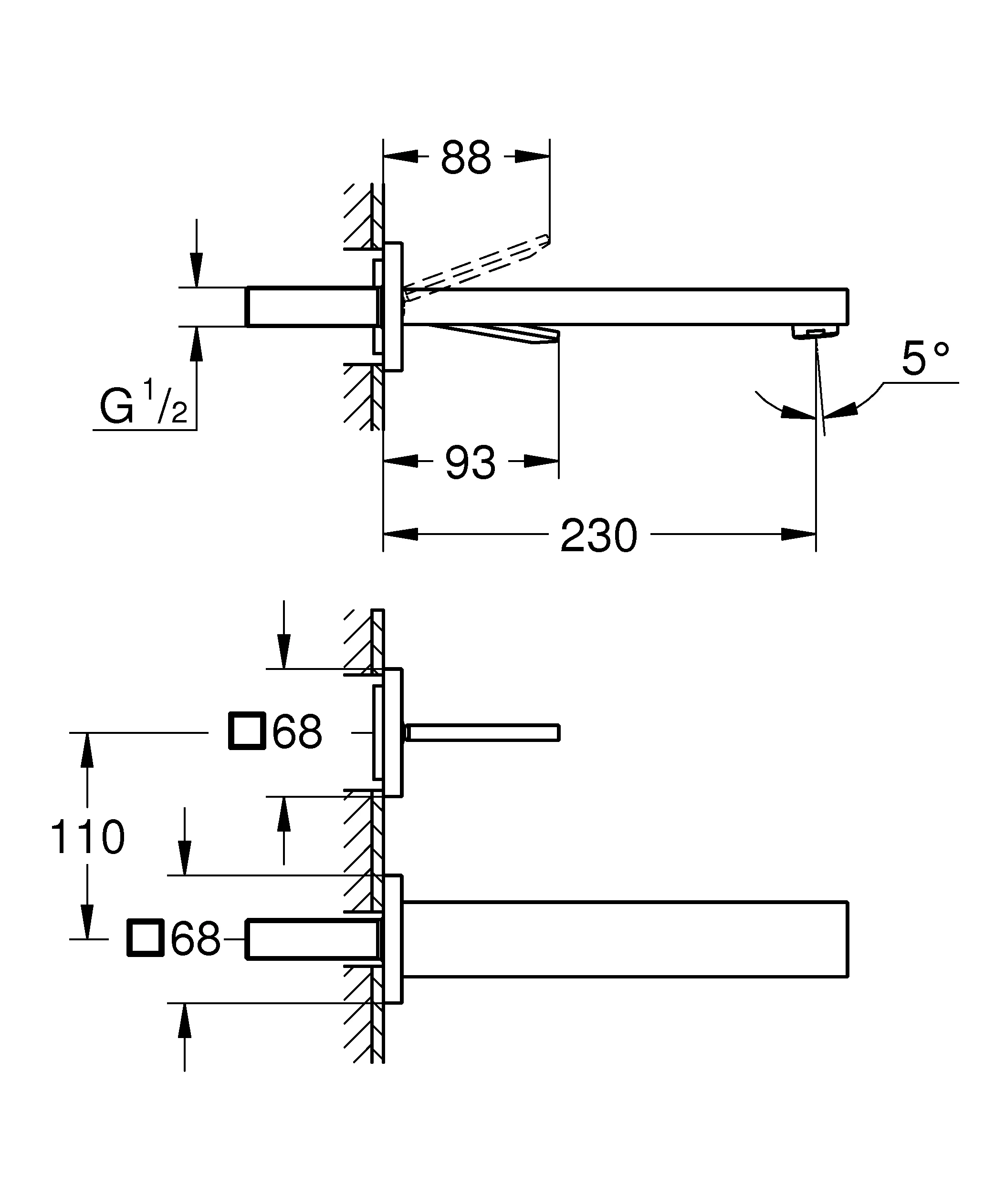 2-Loch-Waschtischbatterie Eurocube Joy 19998, Wandmontage, Fertigmontageset für 23 429, Ausladung 230 mm, chrom